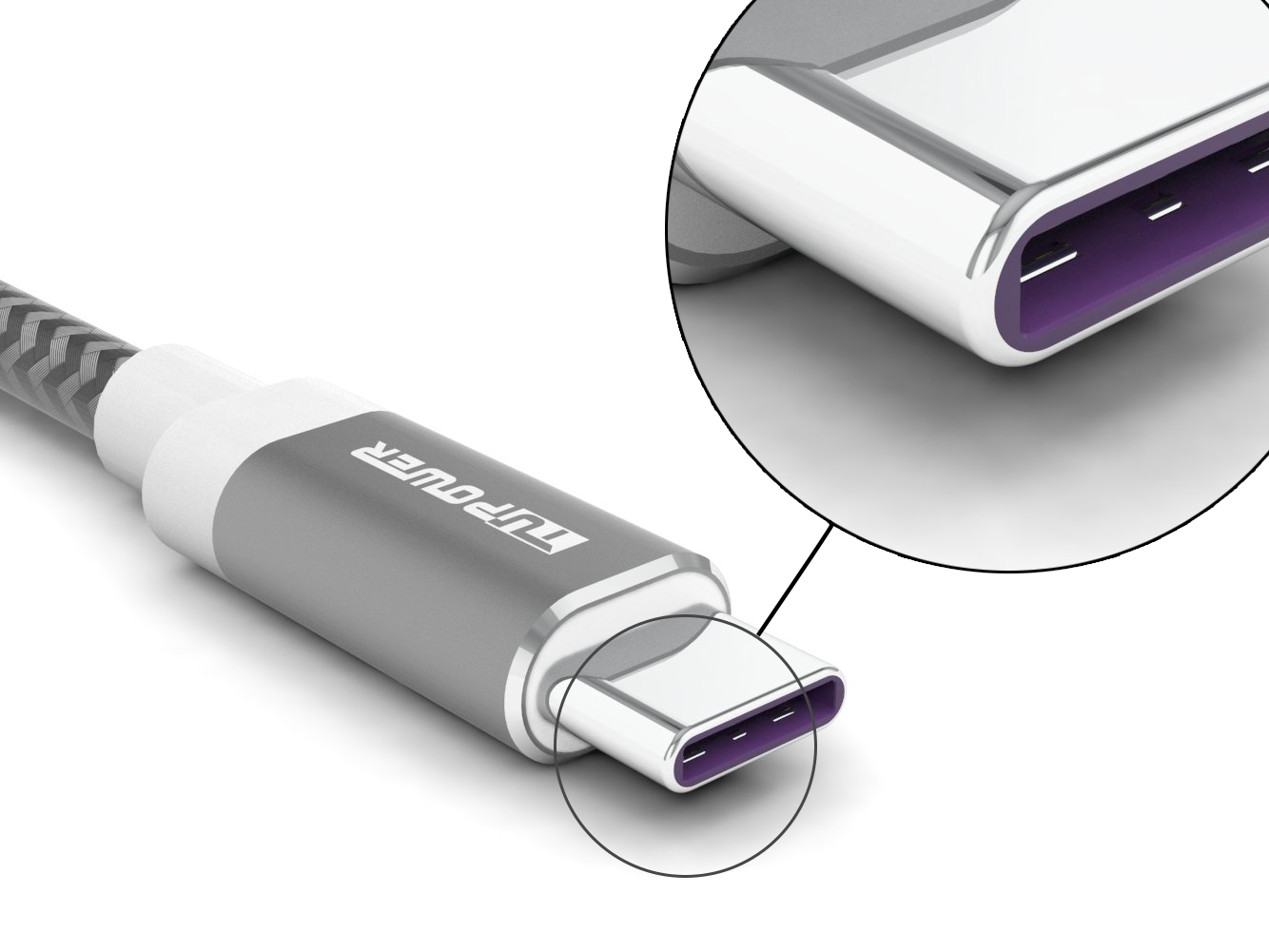 Nahaufnahme eines USB-C-Kabels. Es ist silber und grau mit einem Vergrößerungskreis.
