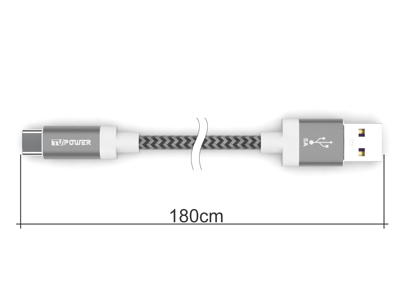 Ein schwarzes und graues Ladekabel mit USB- und USB-C-Anschlüssen. Ein Maß von 180 cm wird angezeigt.
