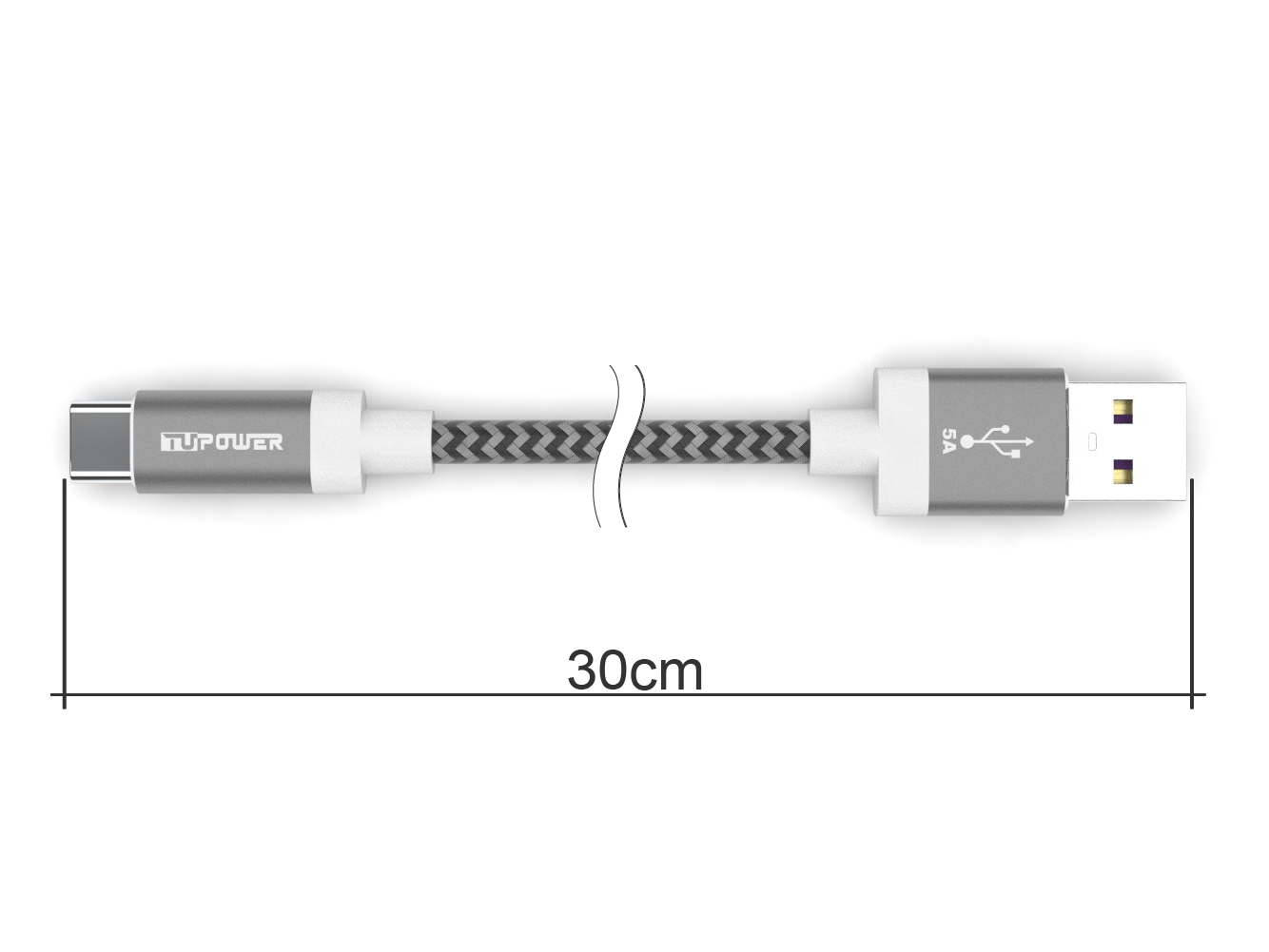 Ein 30 cm langes USB-Kabel, mit einem USB-C-Anschluss an einem Ende und USB-A am anderen, weißer Hintergrund.