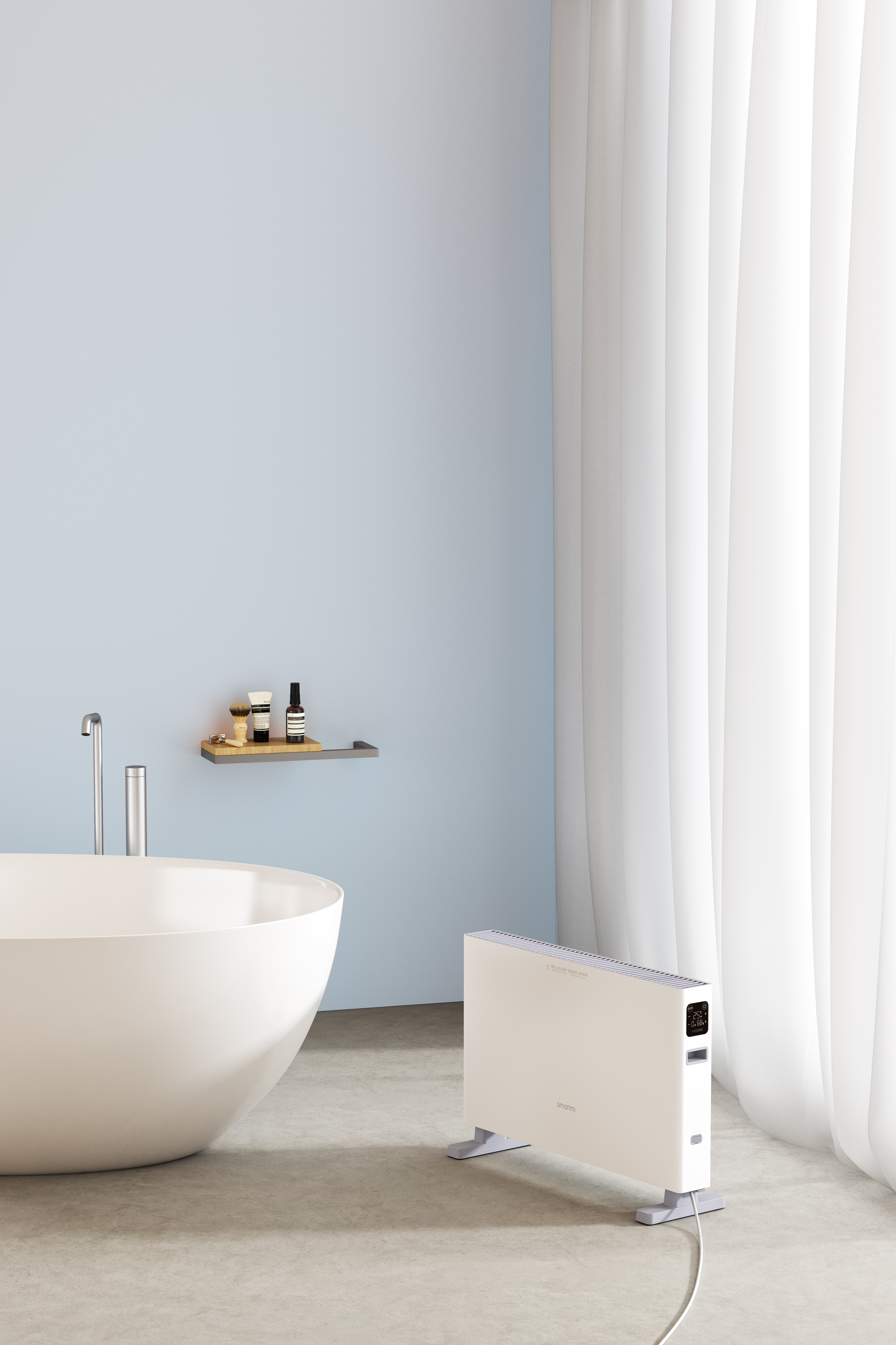 Biała łazienka z wanną, grzejnikiem i jasnoniebieską ścianą. Zasłony po prawej.