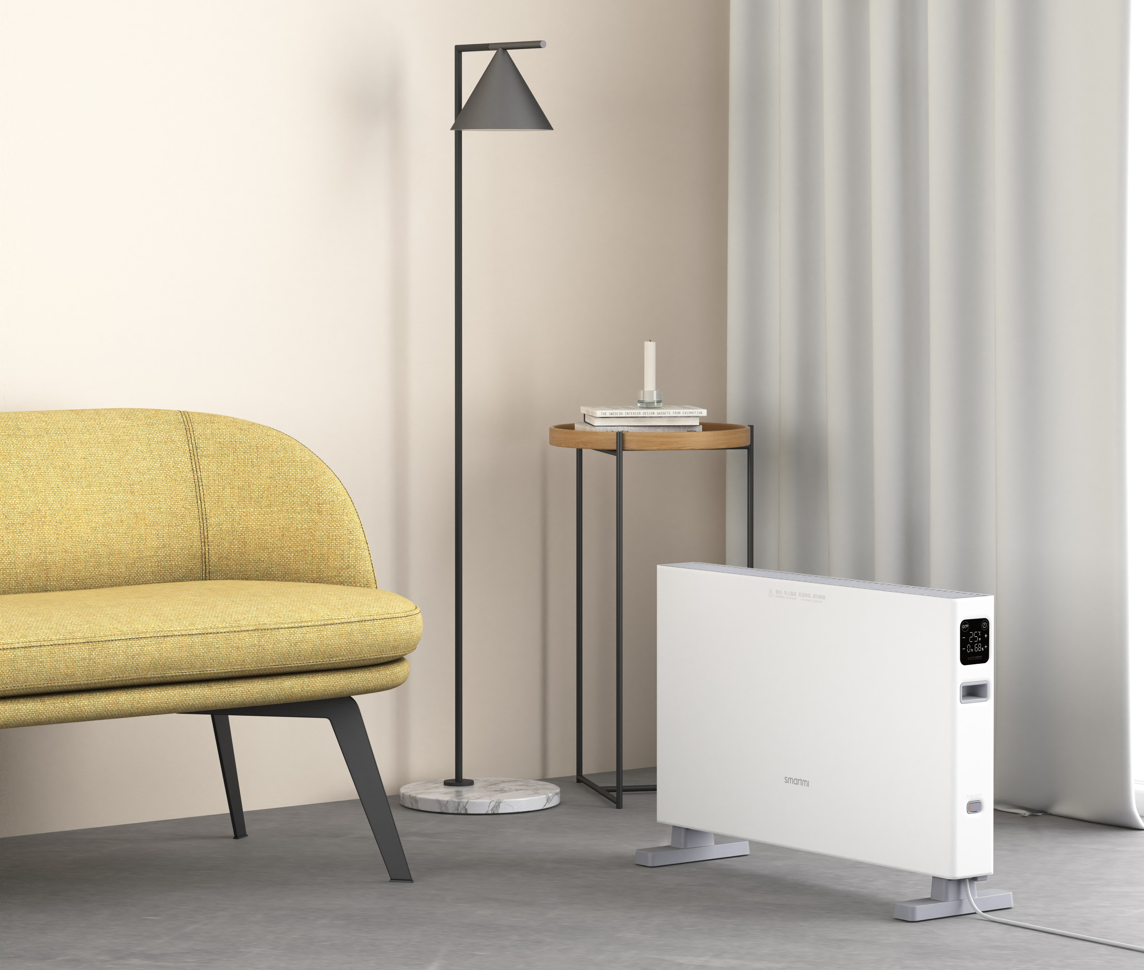 Pokój z grzejnikiem i żółtym krzesłem. Obecna jest również lampa i stół ze świecą.