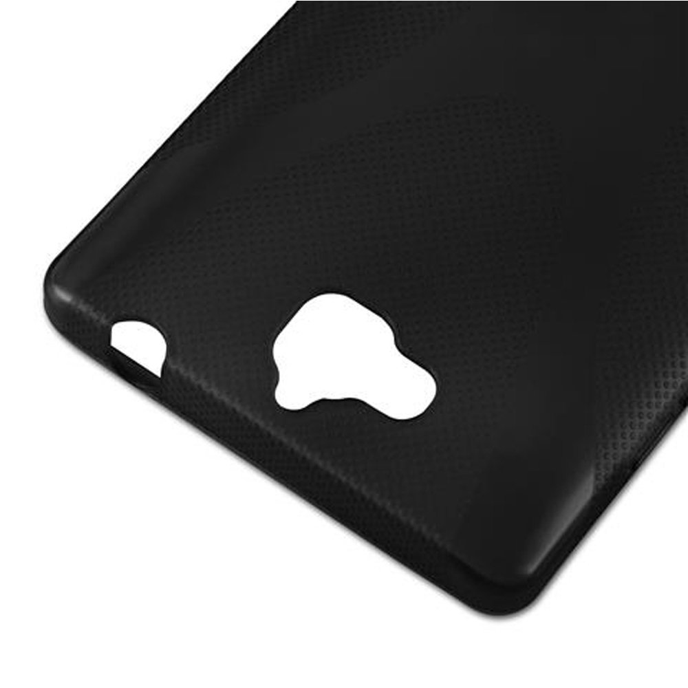 Funda negra con diseño en la parte trasera. Tiene recortes blancos y un patrón punteado.