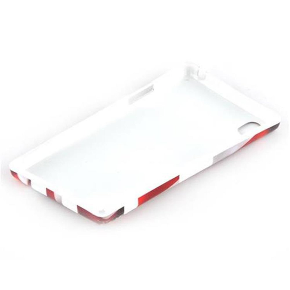 Una custodia bianca con strisce rosse e nere. L'interno è bianco.