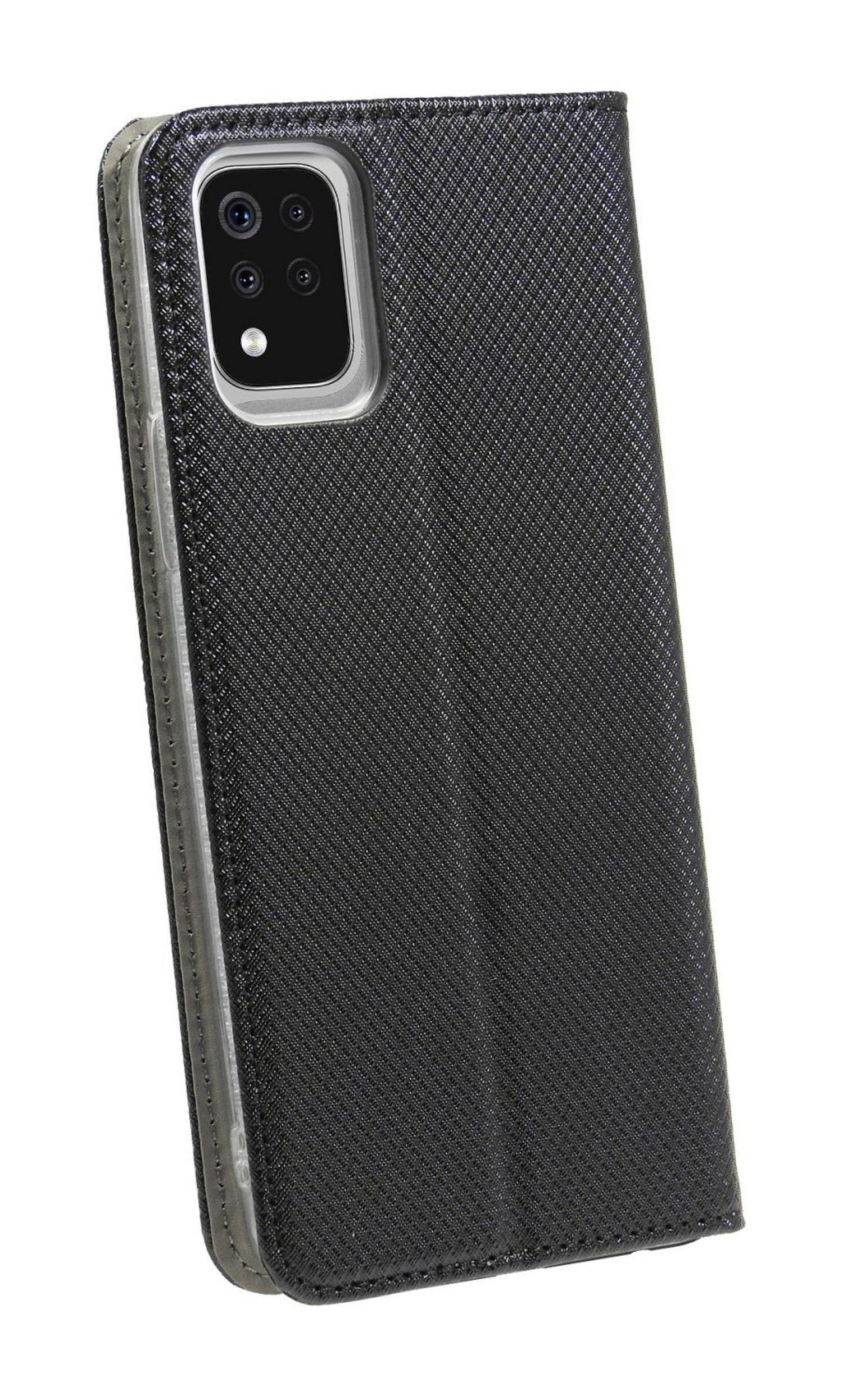 Schwarze Handyhülle, offen, zeigt ein schwarzes Telefon. Die Hülle ist strukturiert, lederartig.