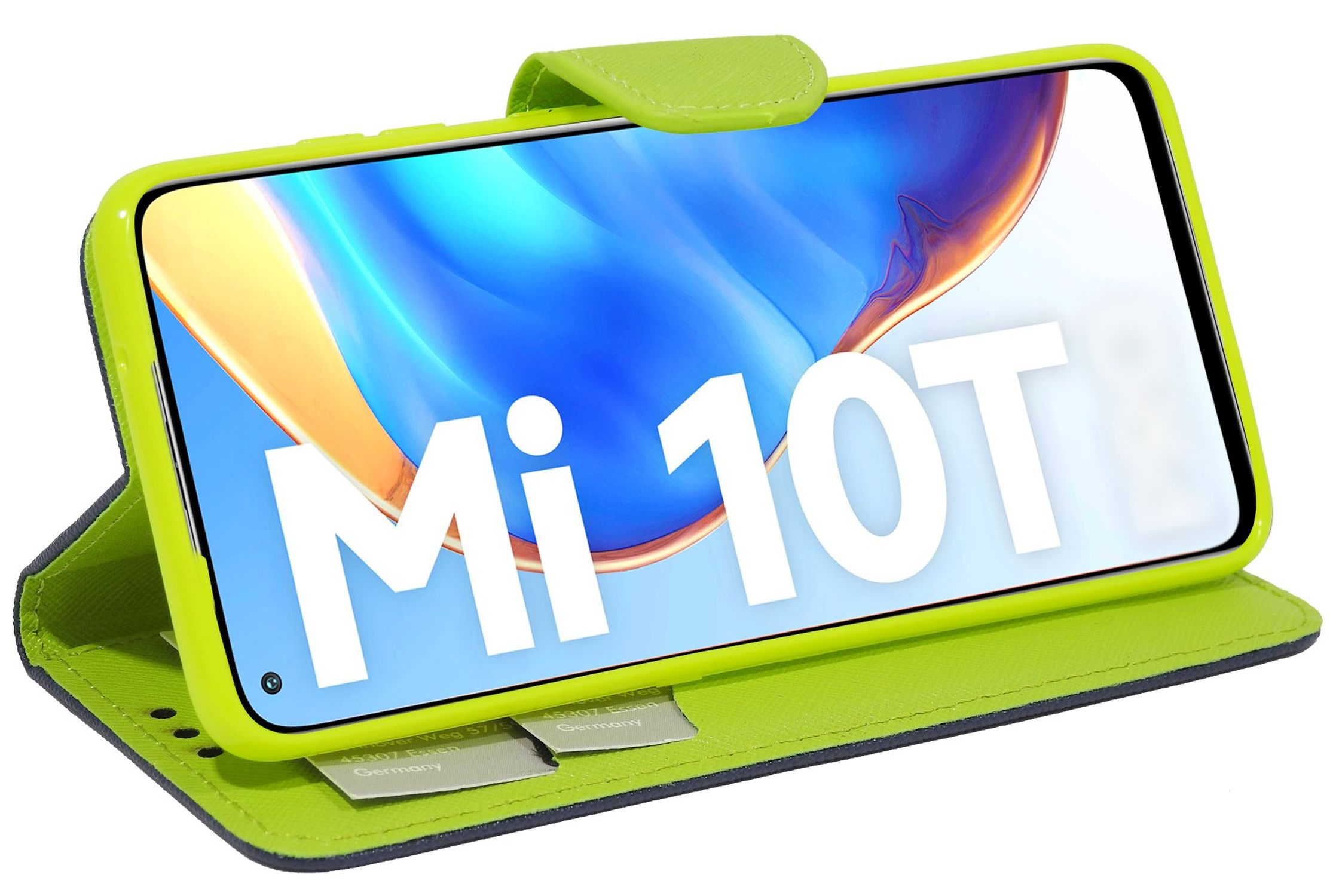 Ein Telefon wird in einem grünen Gehäuse gezeigt. Das Gehäuse öffnet sich und zeigt den Bildschirm des Telefons. Auf dem Display steht Mi 10T.
