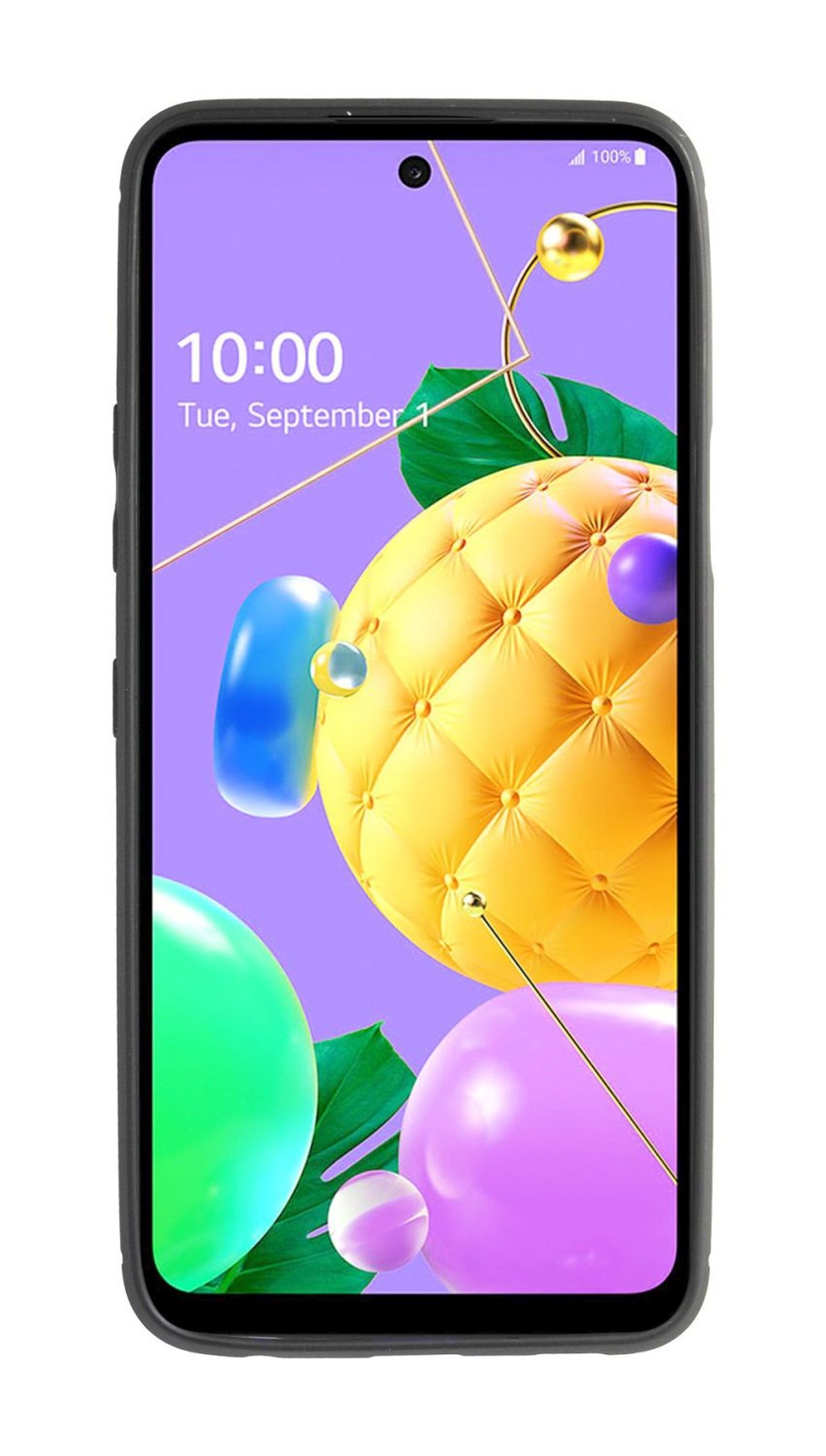 Ein Telefon in einer Hülle, das ein farbenfrohes abstraktes Bild auf dem Bildschirm zeigt.