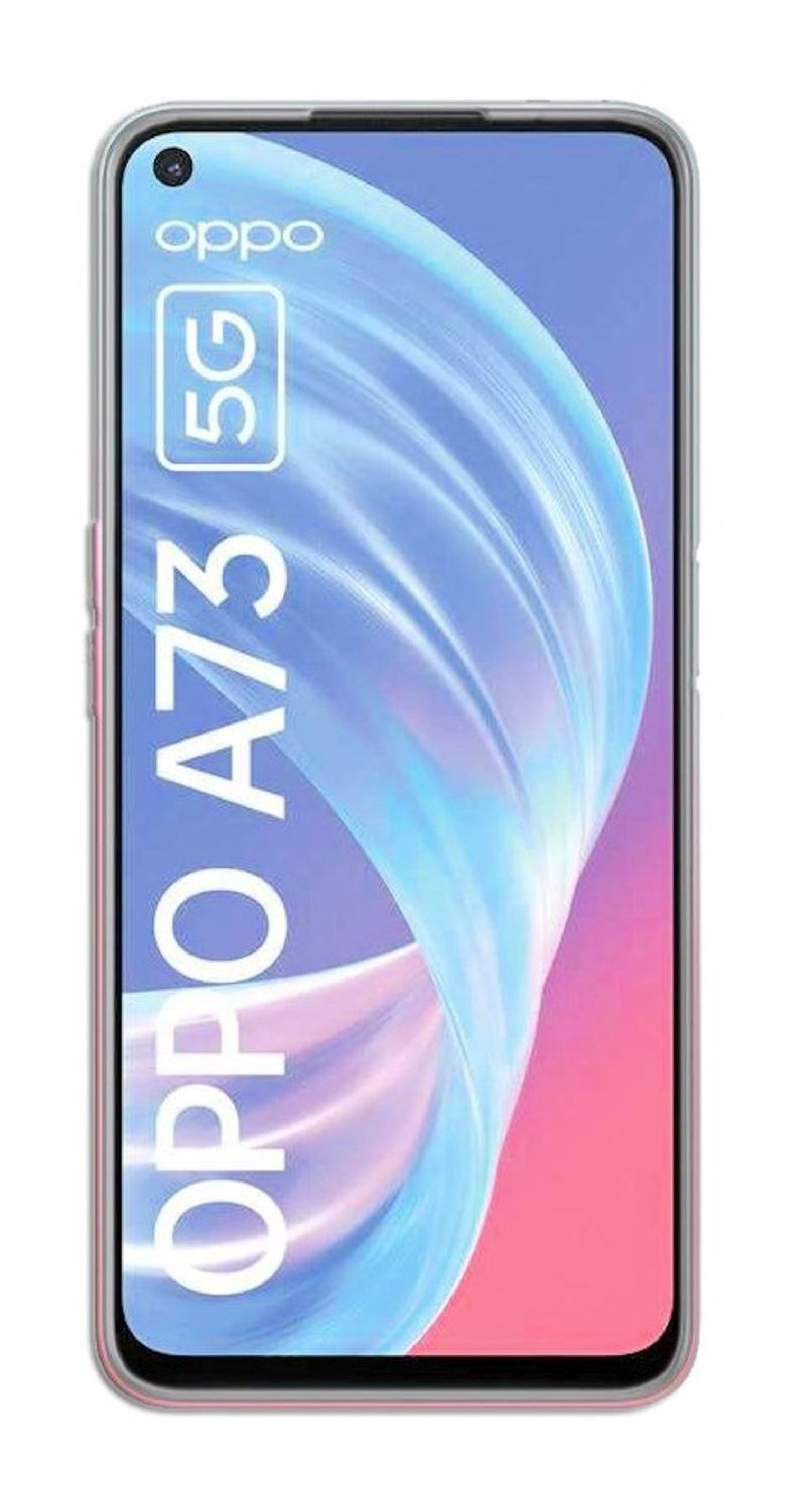 Ein Oppo A73 5G Telefon in einer transparenten Hülle, mit rosa und blauem Farbverlauf.