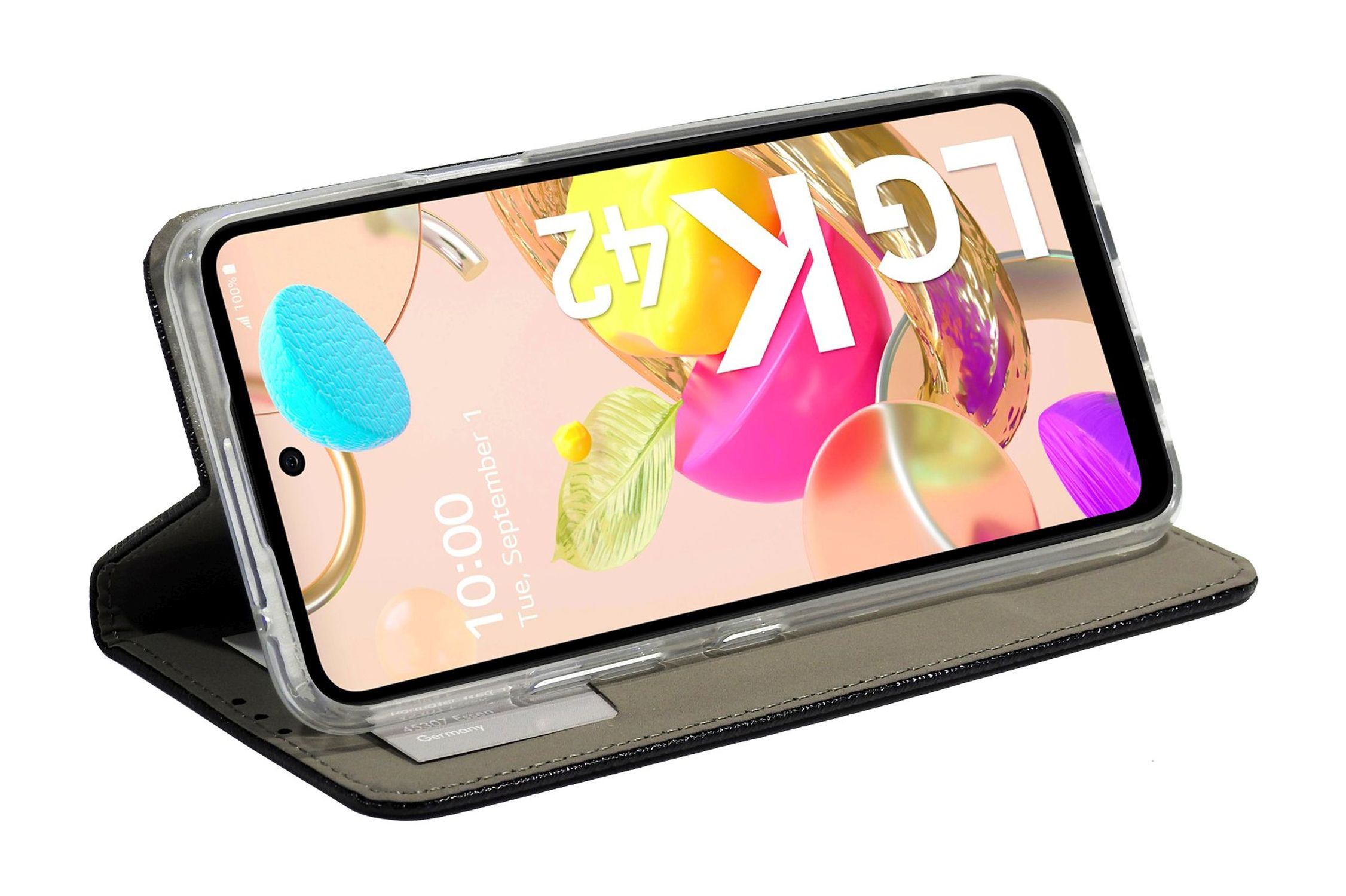 Eine Handyhülle mit einem Telefon darin, das einen Bildschirm mit farbenfroher Kunst zeigt, geöffnet.