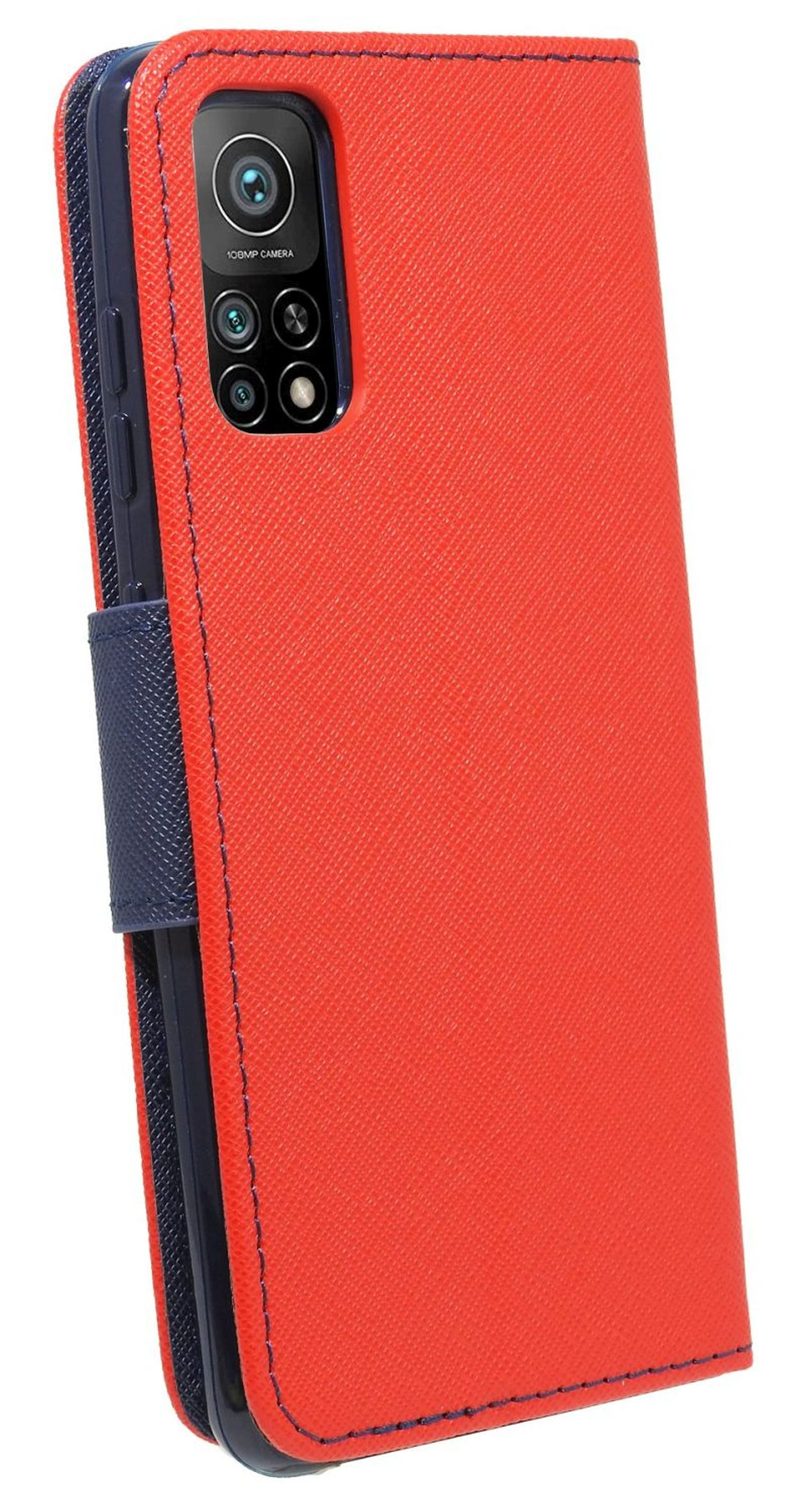 Rote Handyhülle mit blauem Klappdeckel, Kamera und Telefon im Inneren.