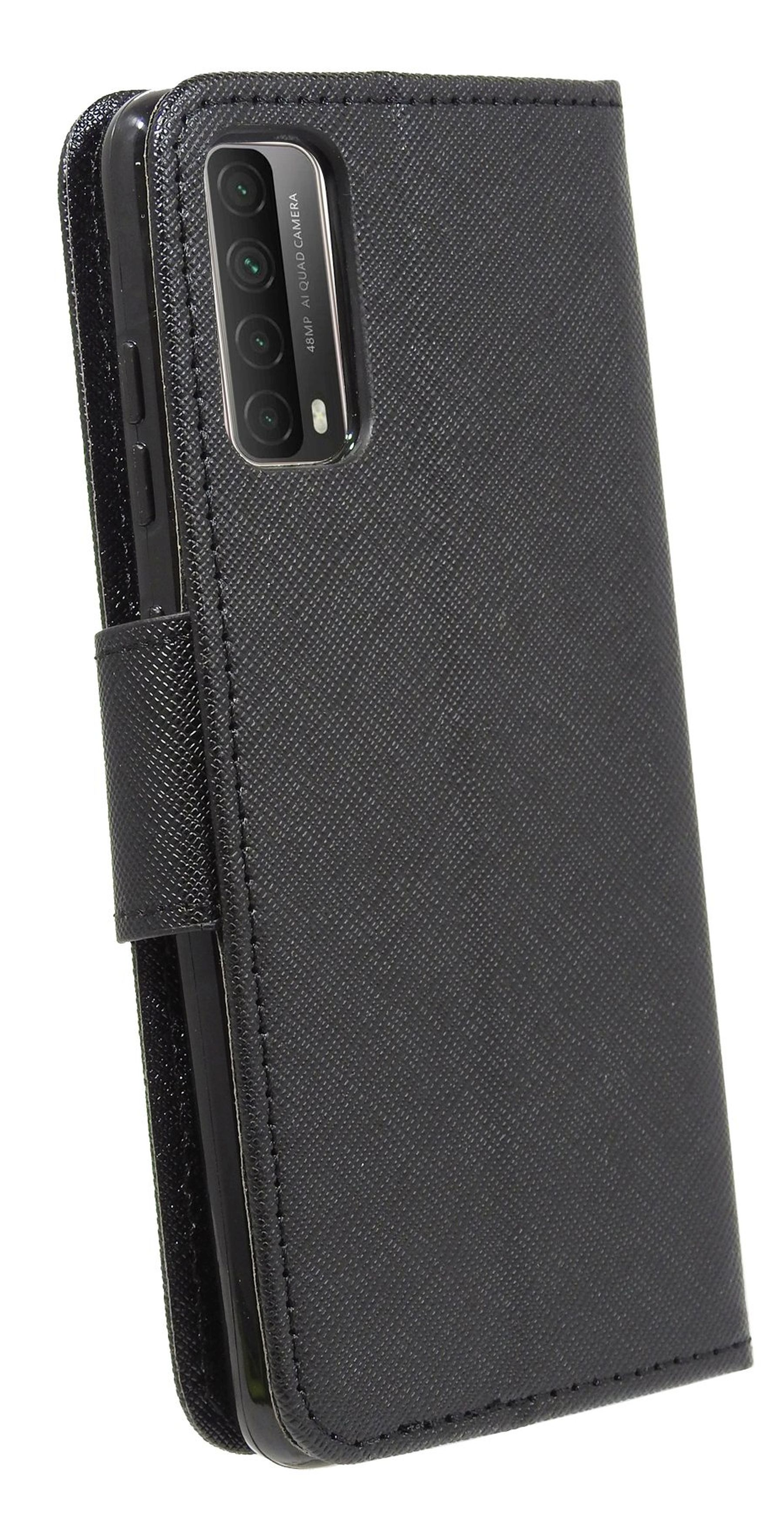 Schwarze Handyhülle, geschlossen, mit lederähnlicher Textur und Kameramodul.