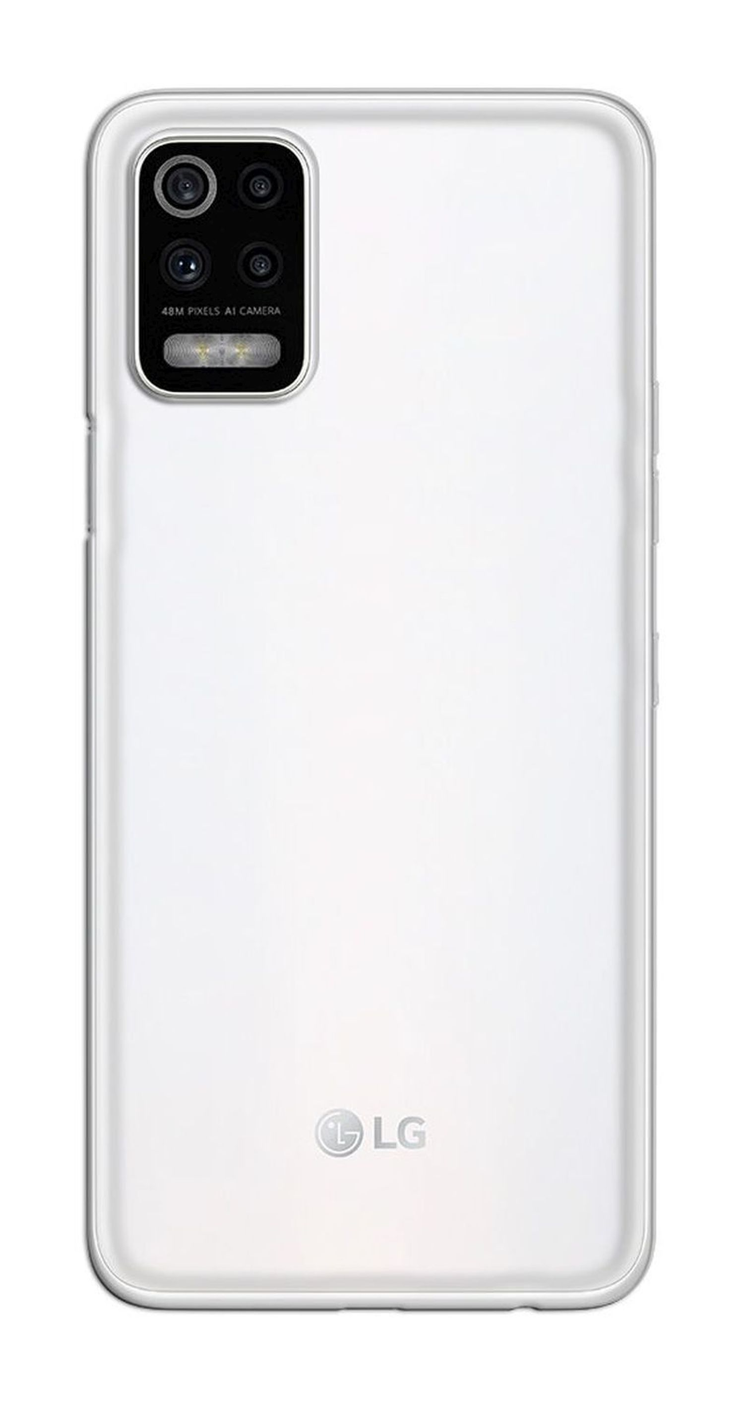 Weiße Smartphone-Rückseite mit mehreren Kameras und LG-Logo.