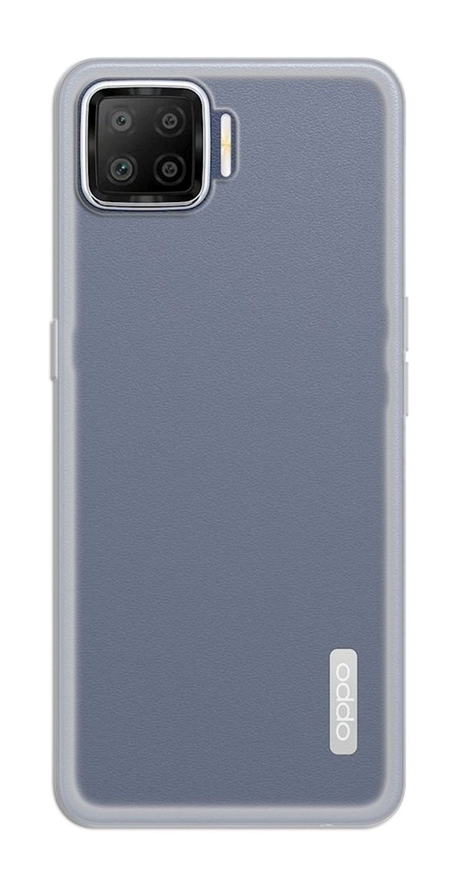 Blaue Handyhülle vor weißem Hintergrund. Die Hülle hat einen Kameraausschnitt und das Oppo-Logo.