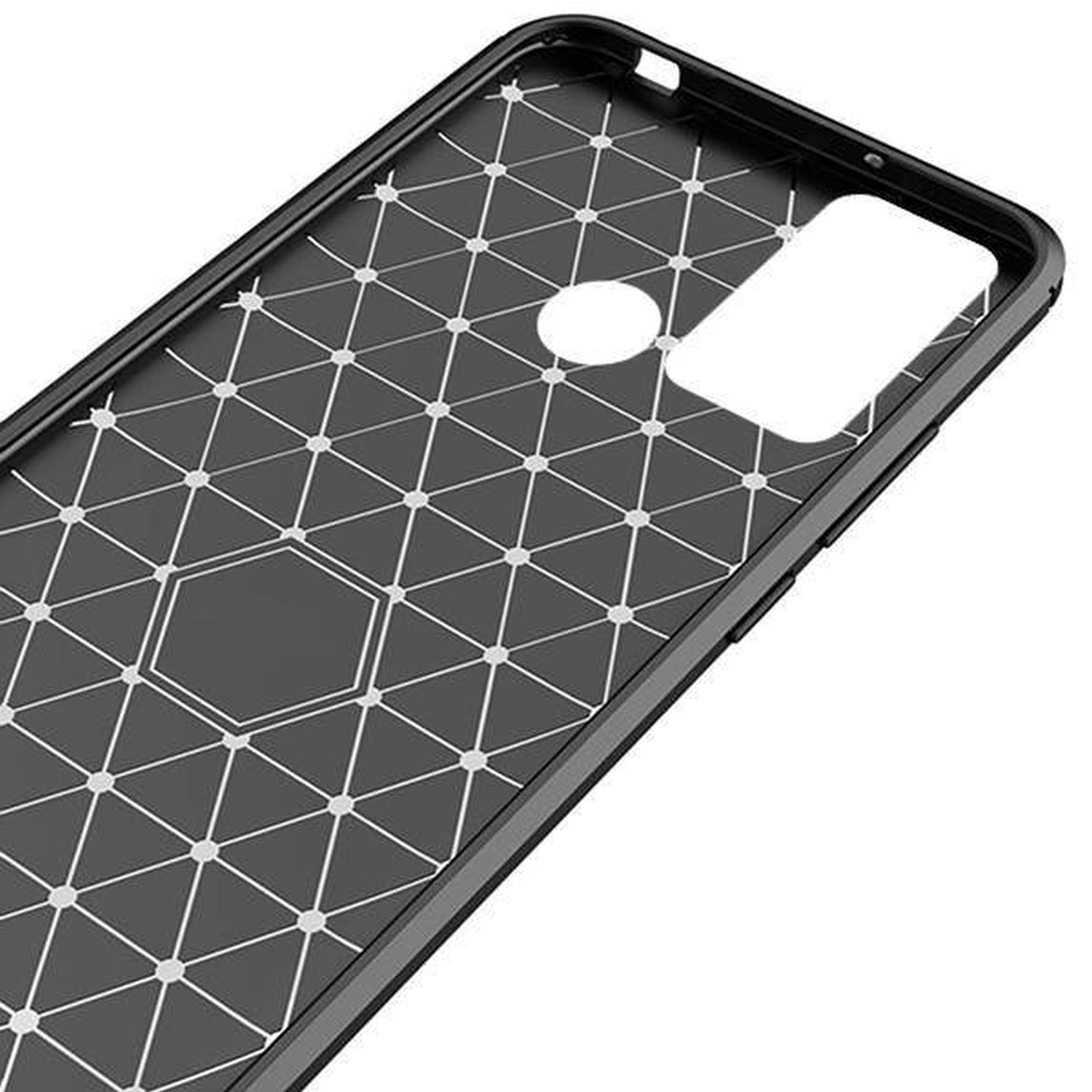 Schwarze Handyhülle mit geometrischem Design, Kameraausschnitt und anderen Öffnungen.