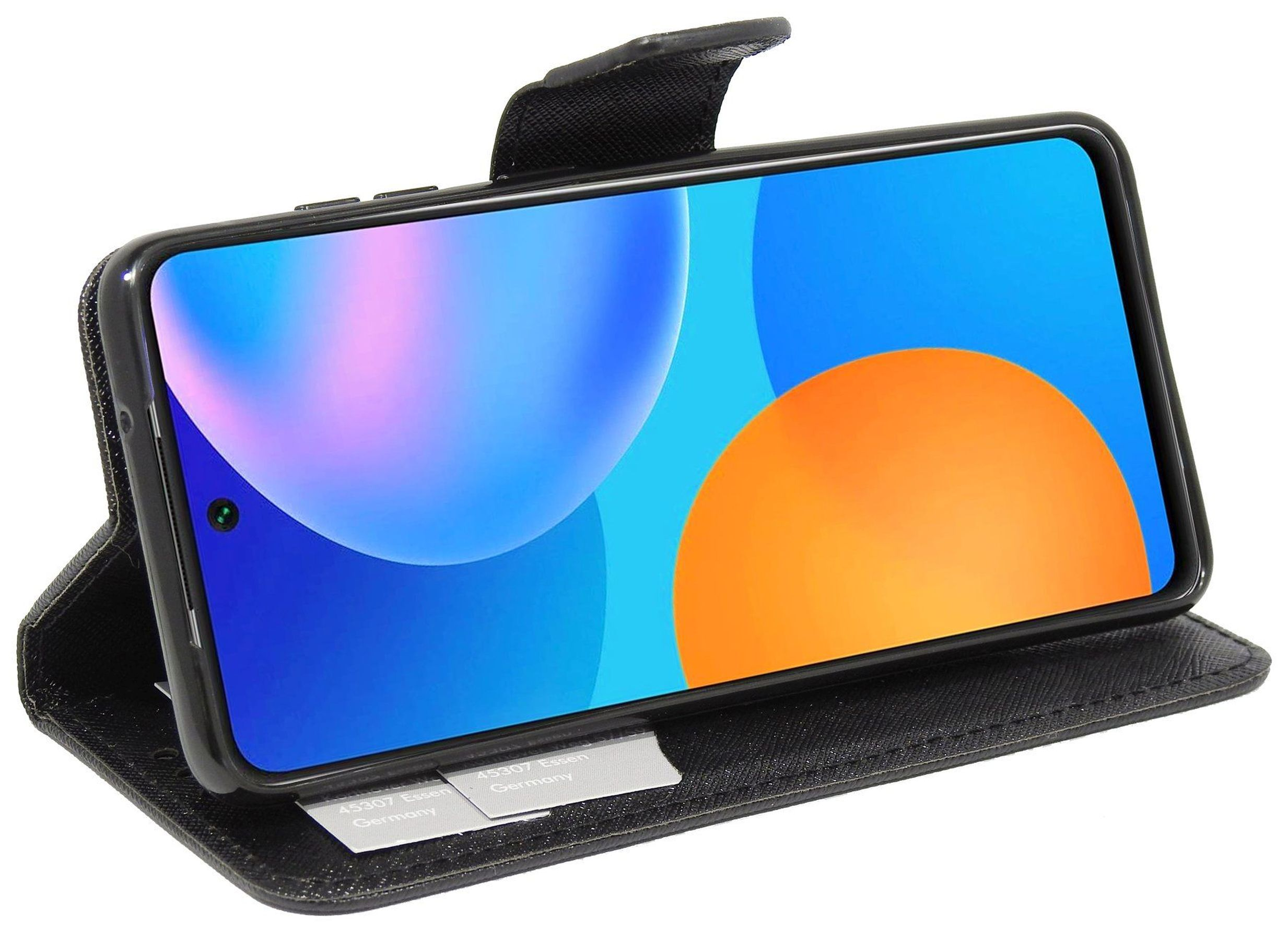 Offene Handyhülle, die einen Telefonbildschirm mit blauem und orangem Hintergrund zeigt. Die Hülle ist schwarz.