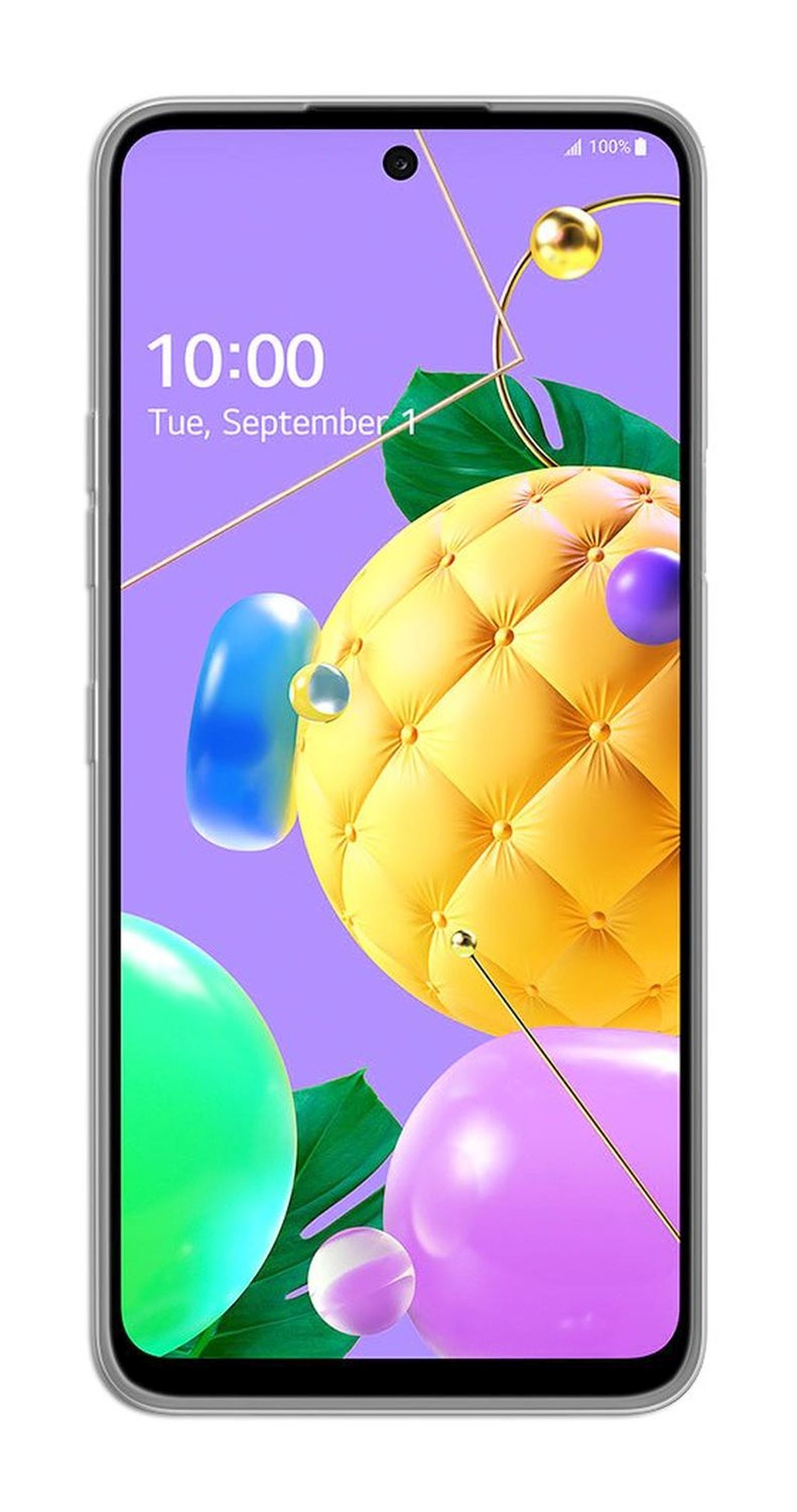 Telefonbildschirm mit einem abstrakten Design mit einer gelben Kugel und lila Kugeln.