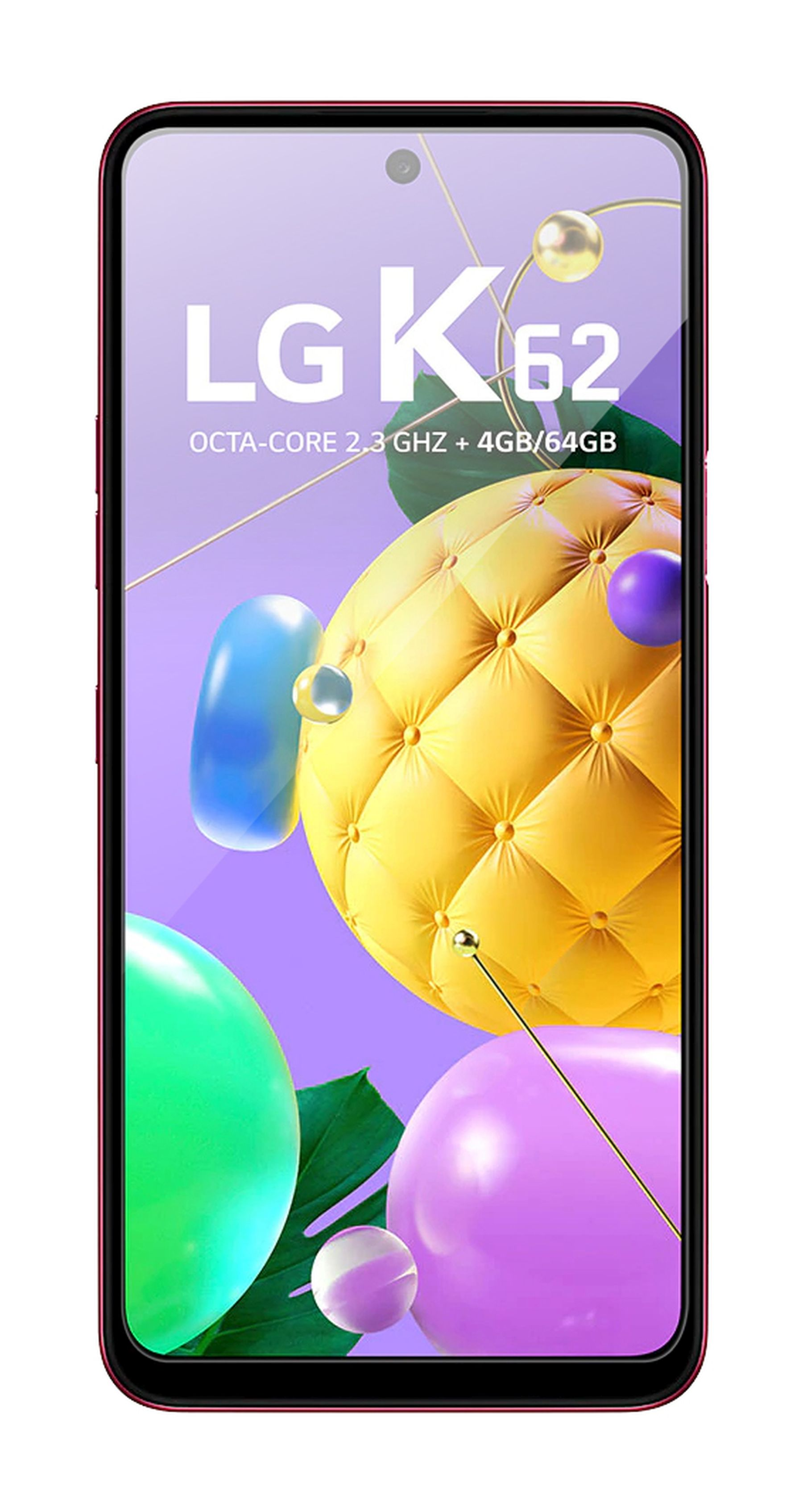 LG K62 Smartphone auf buntem Hintergrund. Der Hintergrund hat verschiedene Formen.