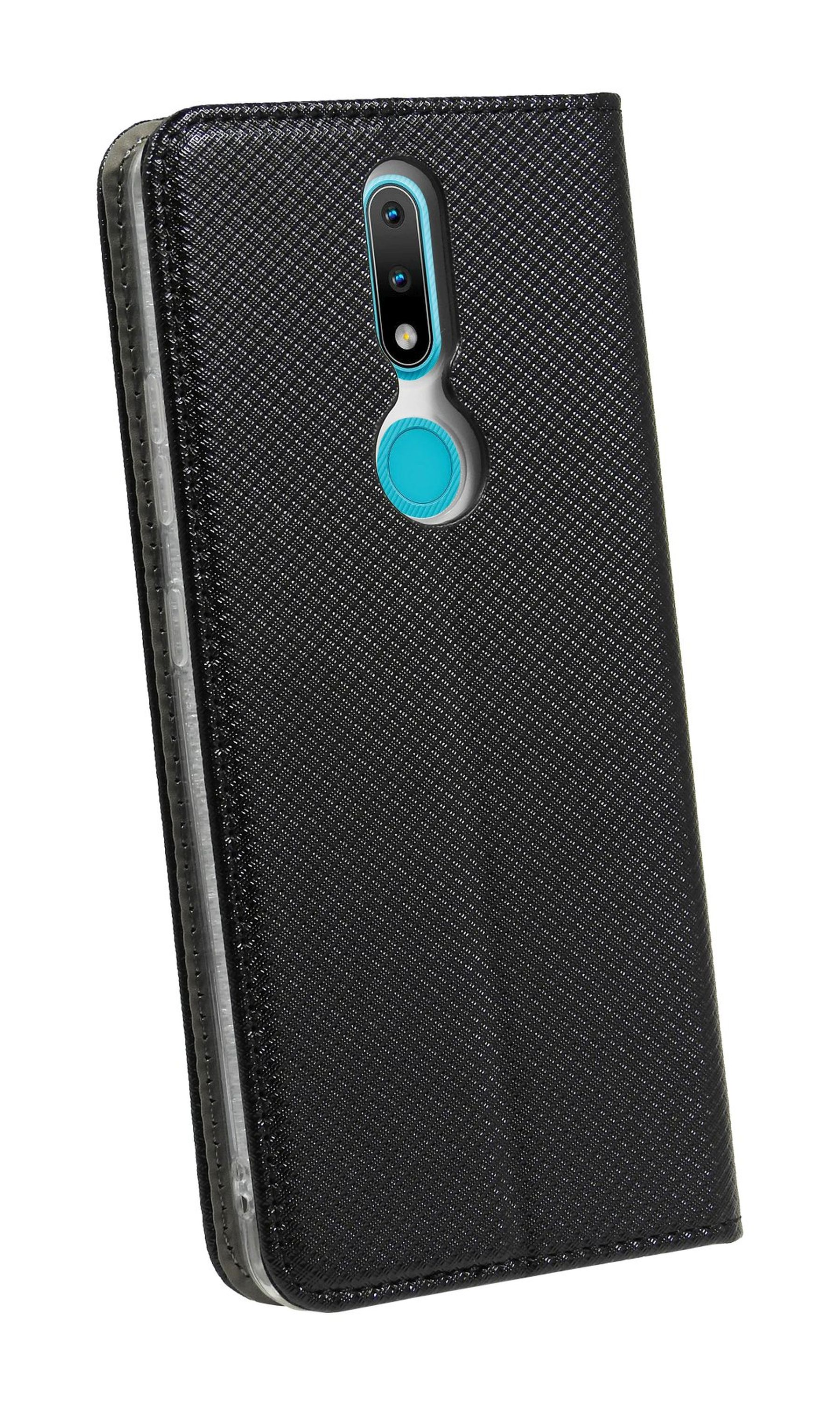 Schwarze Handyhülle mit strukturiertem Muster. Die Hülle hält ein Telefon, die Kamera ist sichtbar. Weißer Hintergrund.