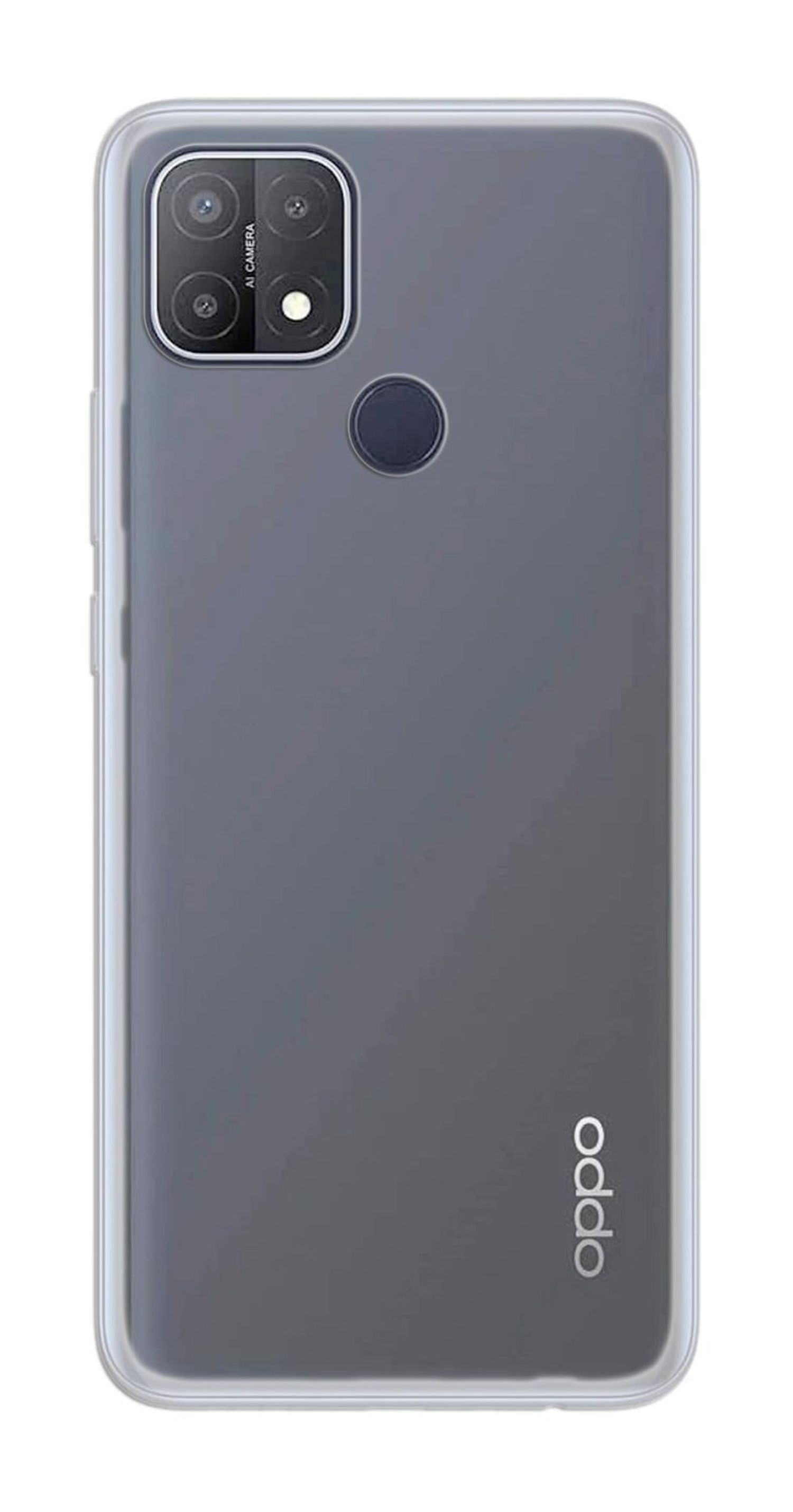 Transparente Handyhülle mit einem Telefon. Das Telefon hat eine Kamera. Graue Hülle. Die Rückseite des Telefons.