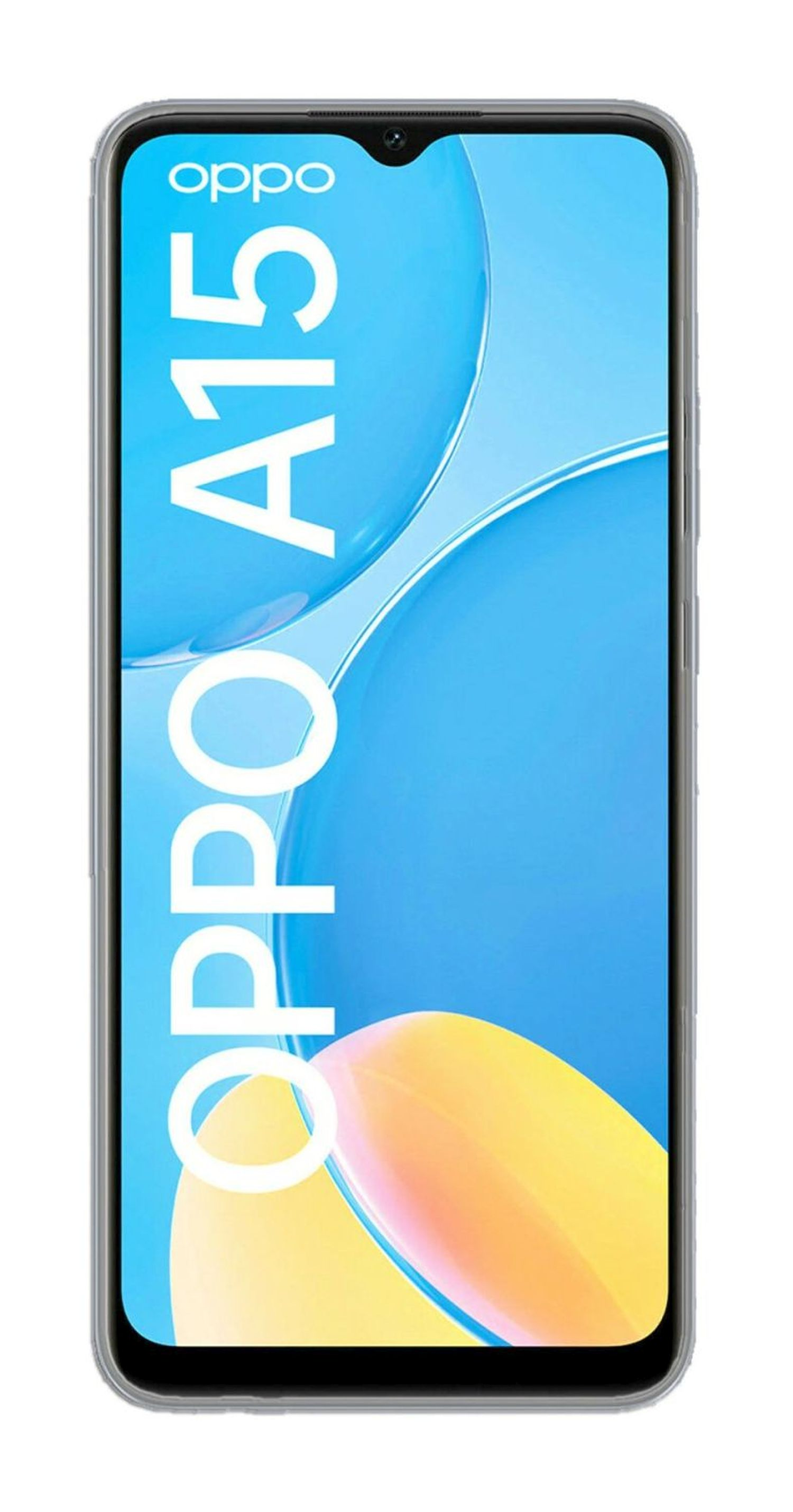 Oppo A15 Smartphone auf weißem Hintergrund. Der Bildschirm zeigt abstrakte blaue und gelbe Grafiken.