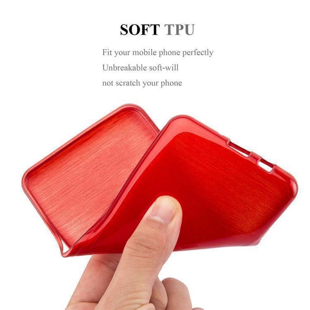 Hand hält eine rote Handyhülle. Text lautet 'SOFT TPU' und Marketingphrasen.