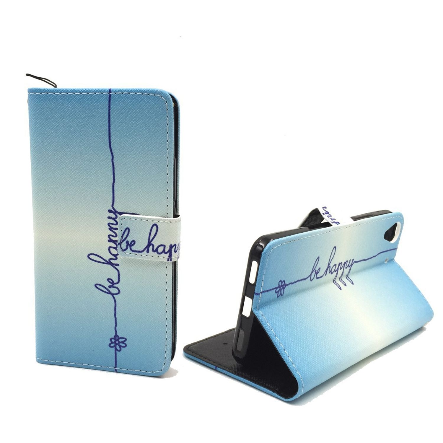 Blaue Handyhülle, offen, mit floralem Design und den Worten 'be happy'.