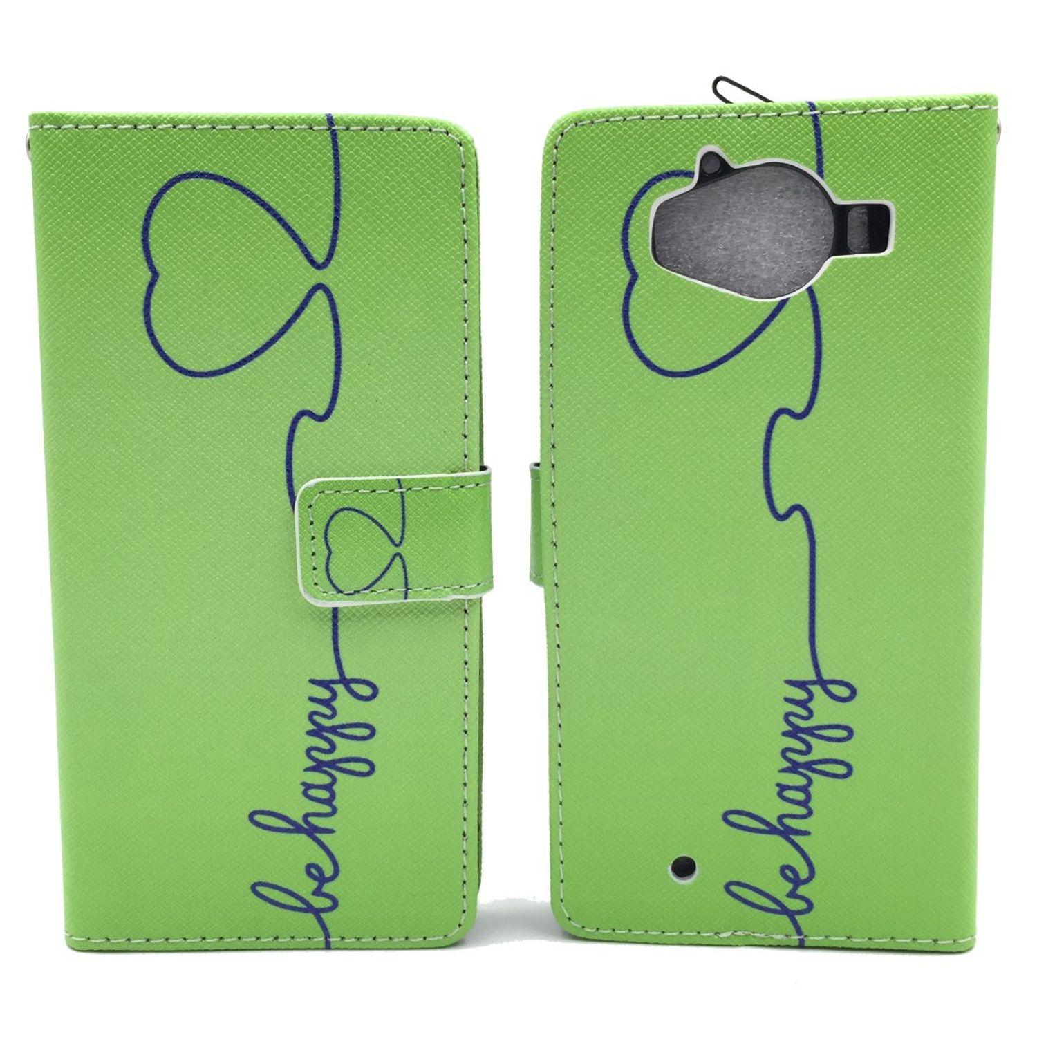 Eine grüne Handyhülle ist geöffnet und zeigt die Worte 'be happy' in Schreibschrift mit einem Herzdesign.