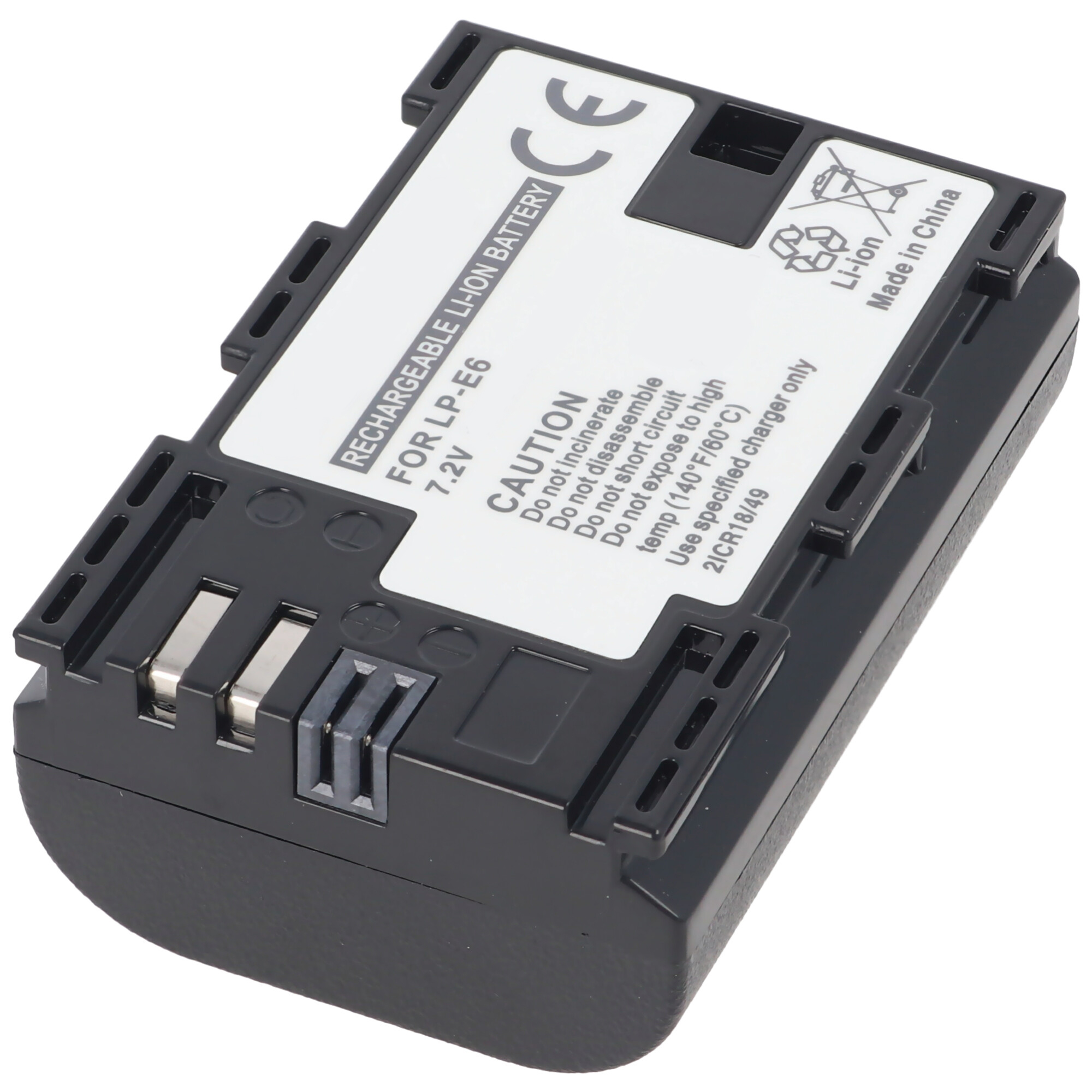 A black battery pack with text and warnings. It says 'RECHARGEABLE LI-ION BATTERY' on it.