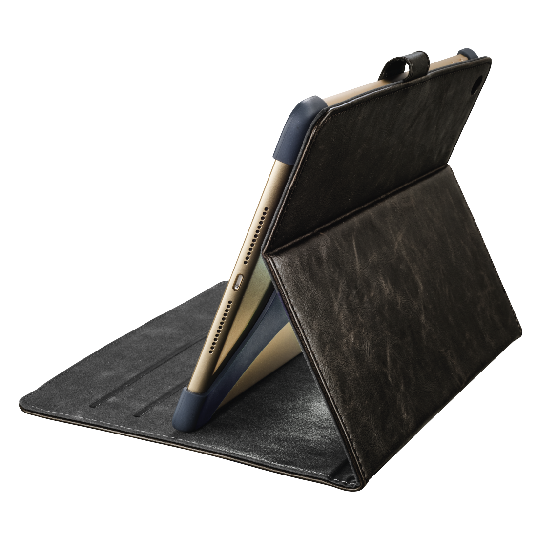 Eine offene Tablethülle mit einem Tablet darin. Die Hülle ist schwarz und das Tablet ist golden.