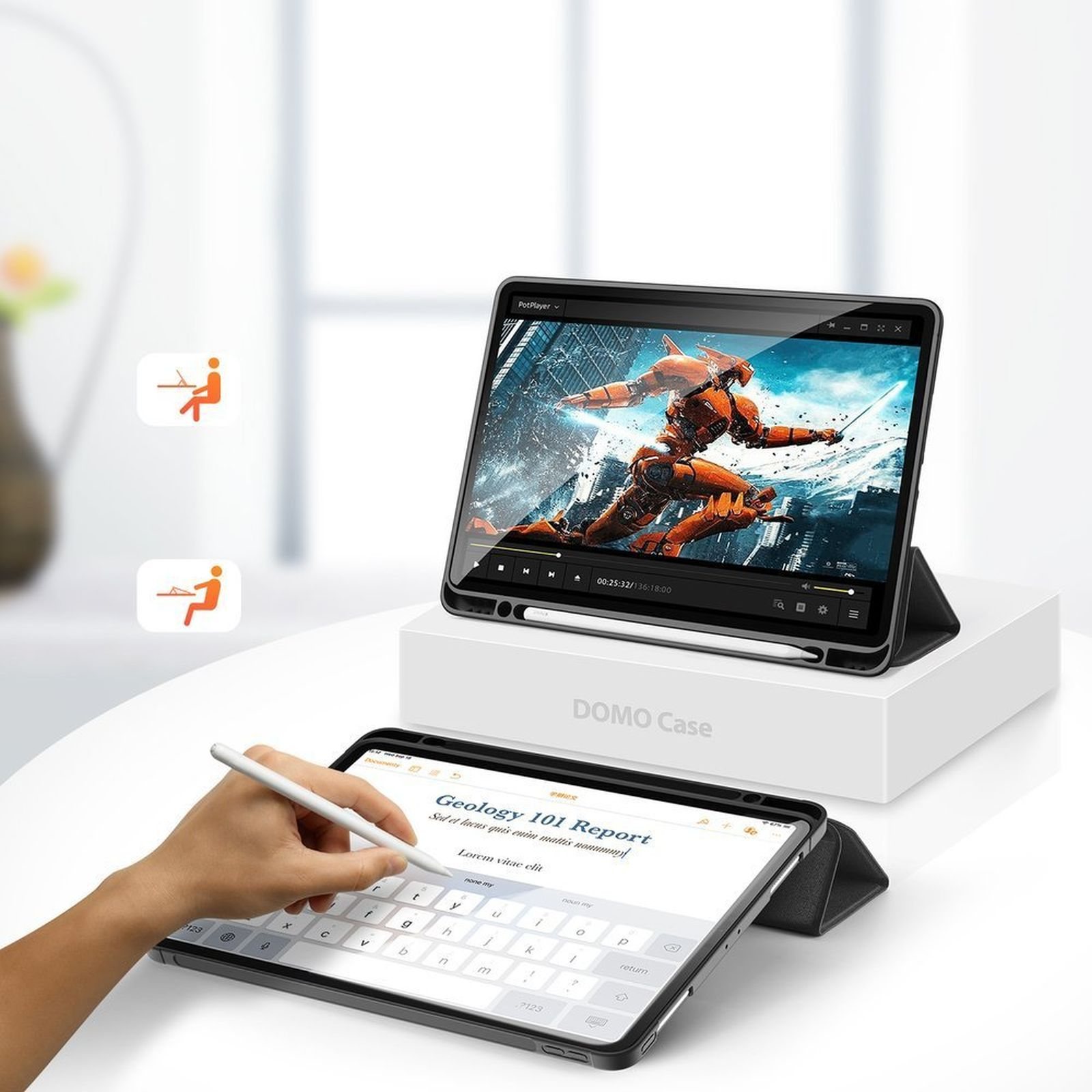 Tablet mit Stift und Tastaturhülle. Eine Person zeichnet. Weißer Tischhintergrund.