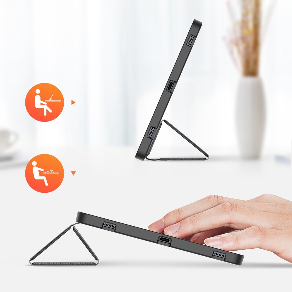 Eine schwarze Tablet-Hülle mit Ständer, die für verschiedene Betrachtungswinkel verwendet wird.