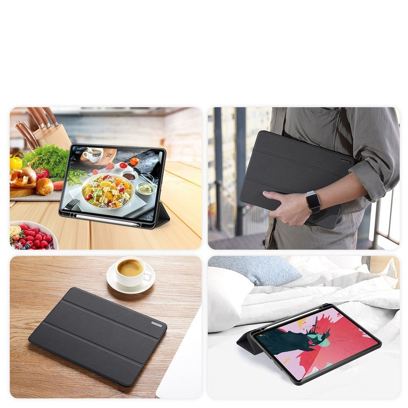 Vier Bilder, die ein iPad in einem Gehäuse zeigen. Eines zeigt Essen auf dem Bildschirm, ein anderes eine Person, die es hält.