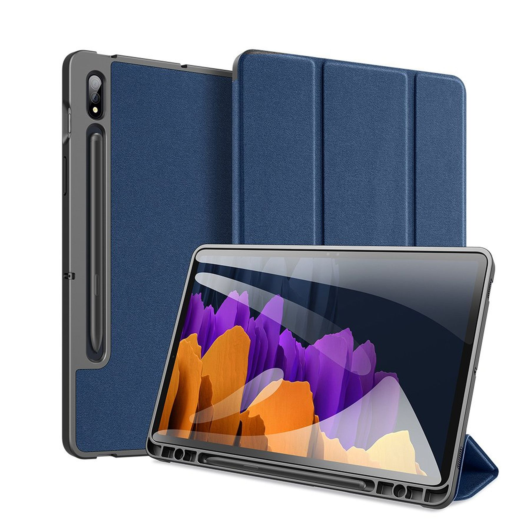 Blaue Tablet-Hülle mit Tablet und Stift.
