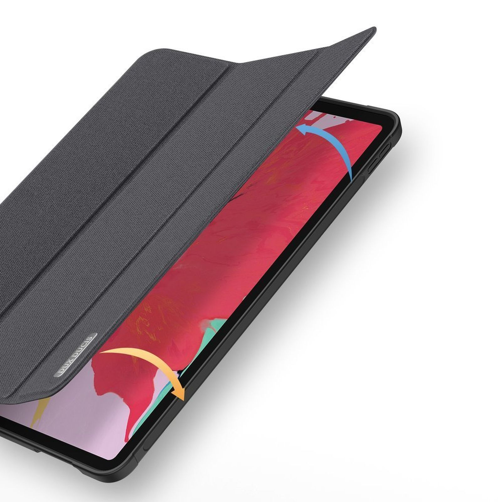 Eine graue Tablethülle ist offen und zeigt den Tablet-Bildschirm. Die Hülle liegt auf einer weißen Oberfläche.