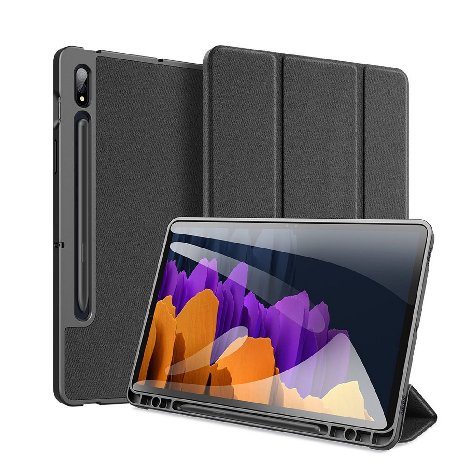 Schwarze Tablethülle mit Tablet im Blick. Schwarzer Stift ist sichtbar. Weißer Hintergrund.