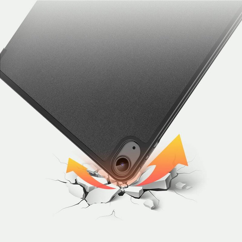 Eine Tabletecke schlägt auf dem Boden auf, mit Rissen und orangen Pfeilen, die den Aufprall anzeigen.