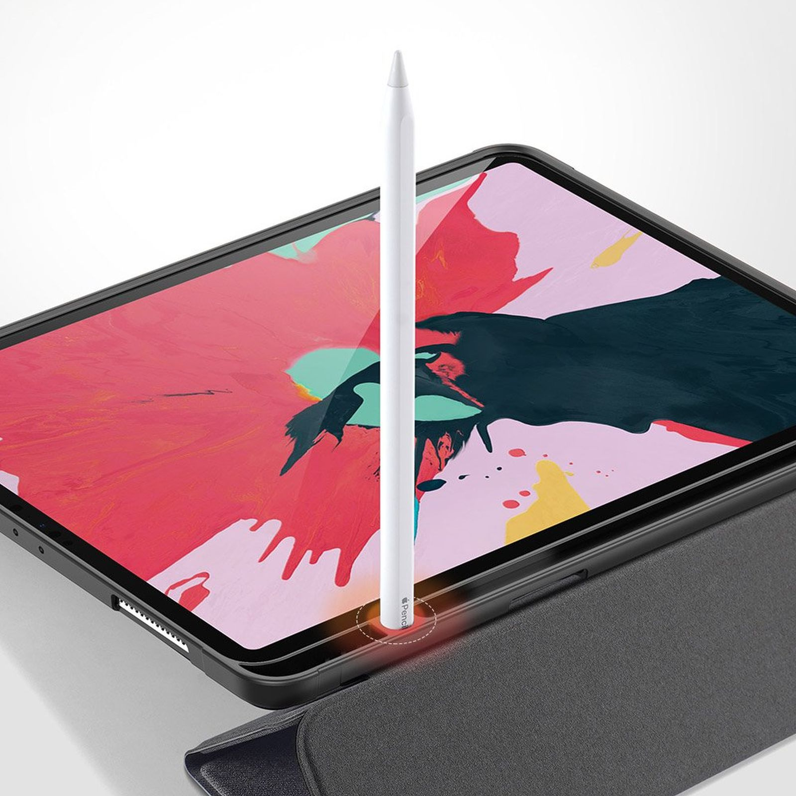 Weißer Apple Pencil auf einem iPad. Schwarzes Gehäuse, pink-roter Hintergrund.