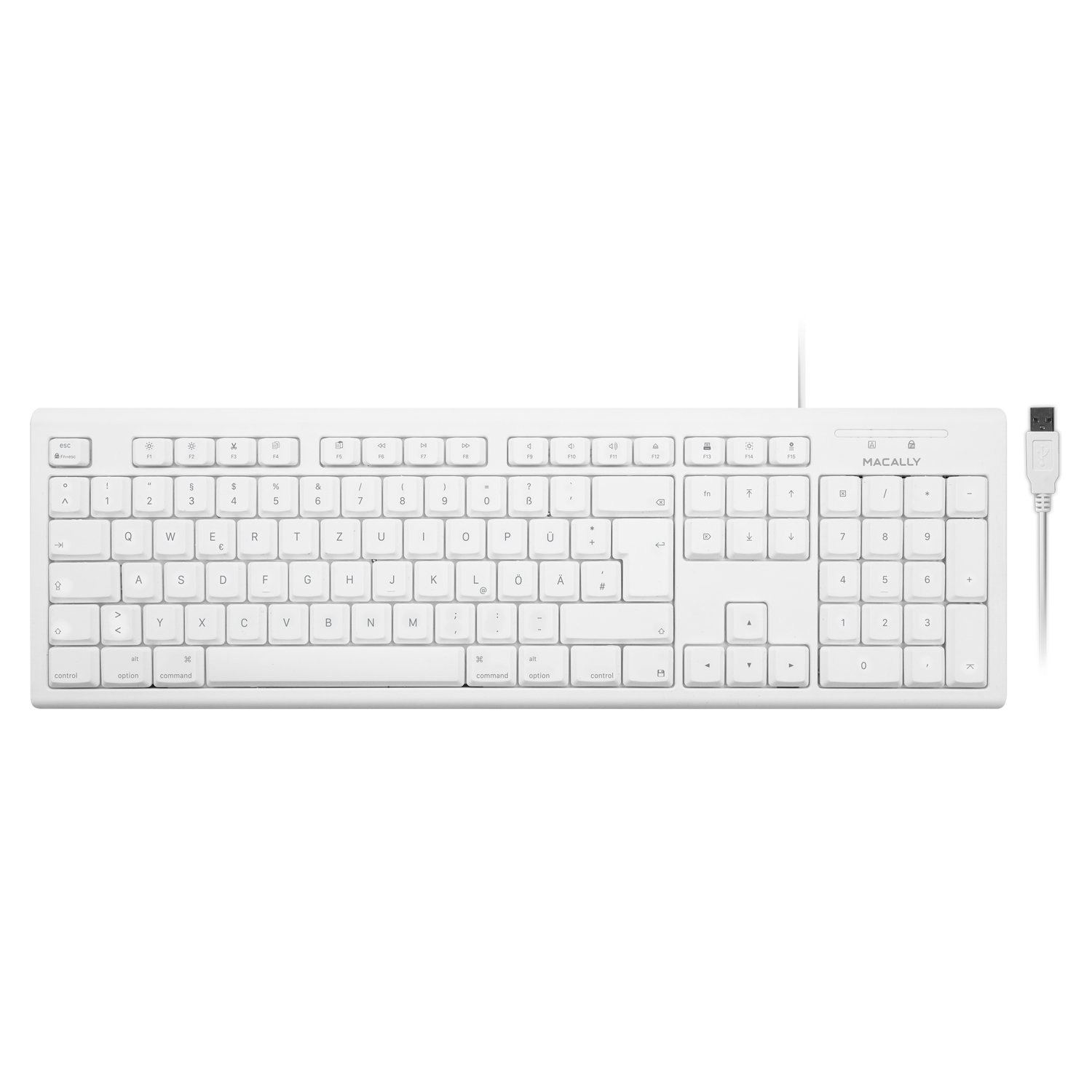 Eine weiße Tastatur mit Tasten und einem USB-Kabel. Der Markenname Macally oben rechts.