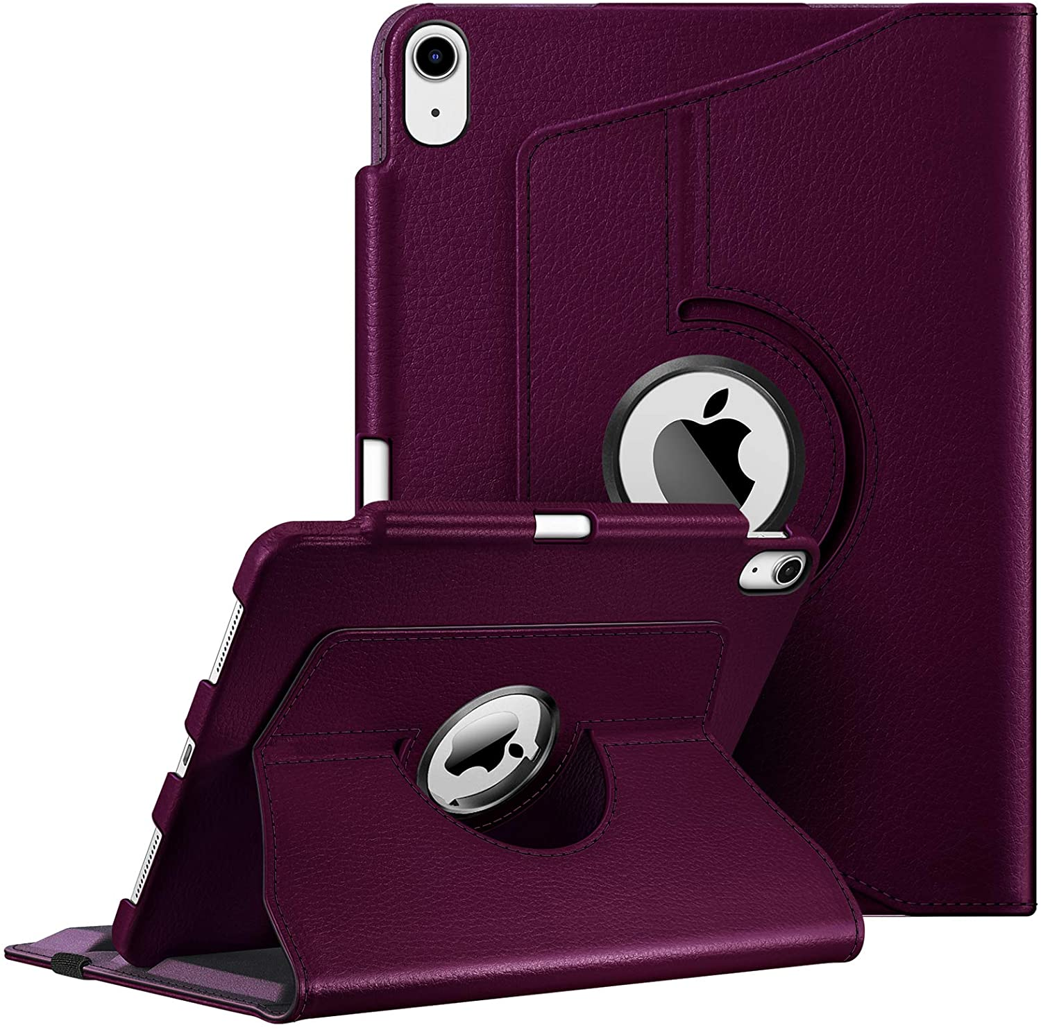 Lila Tablet-Hülle mit drehbarem Ständer und Apple-Logo, offen und geschlossen.