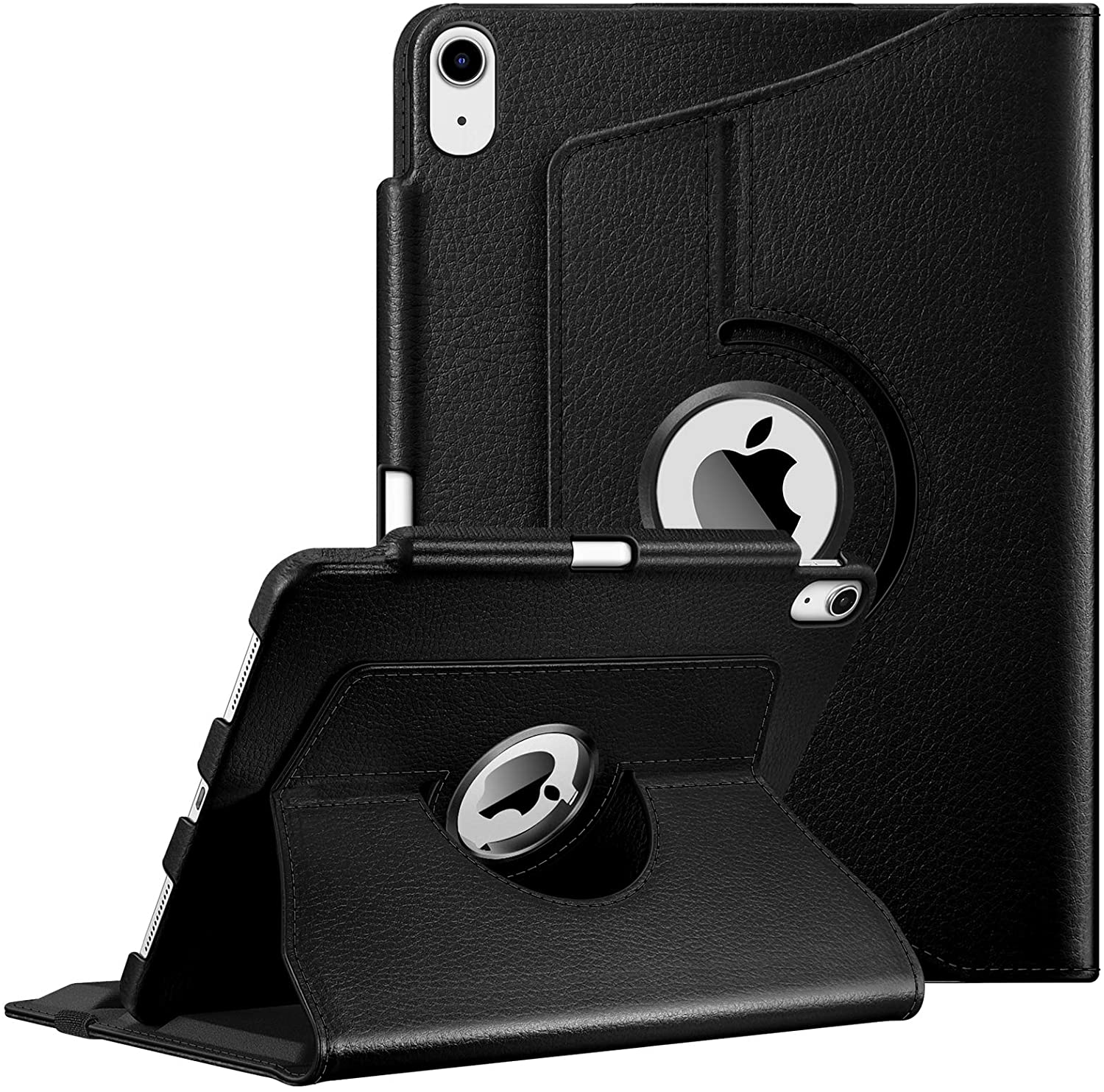 Schwarze iPad-Hülle, offen und geschlossen, mit Drehring und Apple-Logo. Stifthalter.