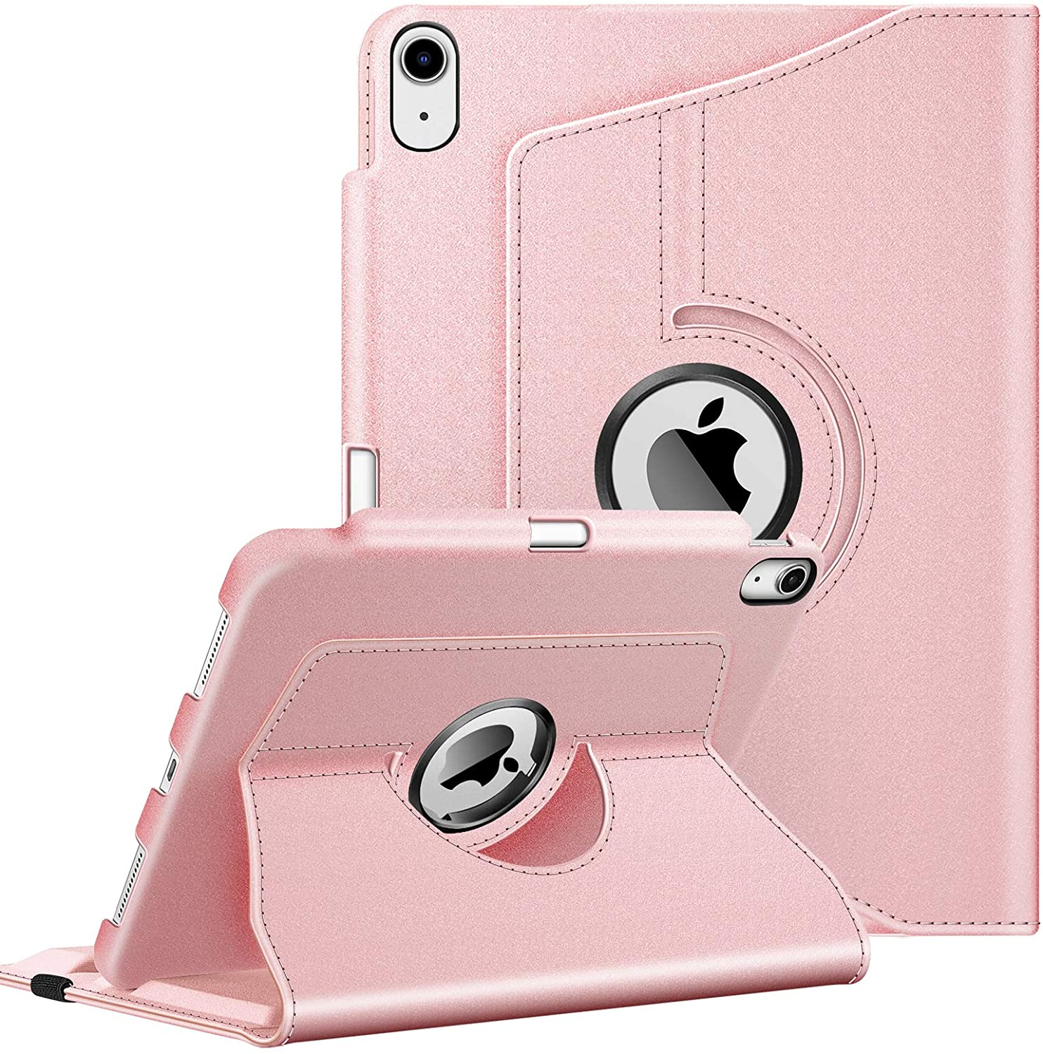Pinkes iPad-Case mit drehbarer Rückseite, zeigt das Apple-Logo. Isoliert auf weißem Hintergrund.