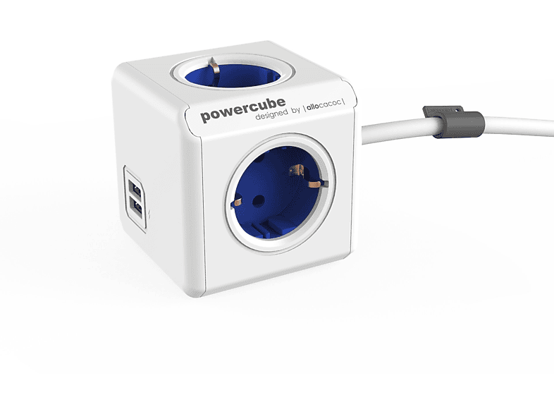 Allocacoc PowerCube DuoUSB Extended DE - Presa Multipla Cubo Con 4 Prese E 2 Porte USB, Cavo 1.5m, Bianco/Blu