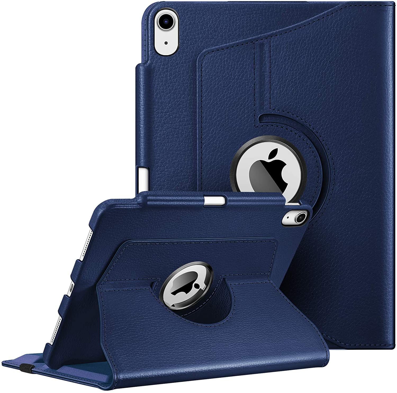 Blaue iPad-Hülle mit drehbarem Ständer, Apple-Logo und Stift-Unterstützung, auf weißem Hintergrund.