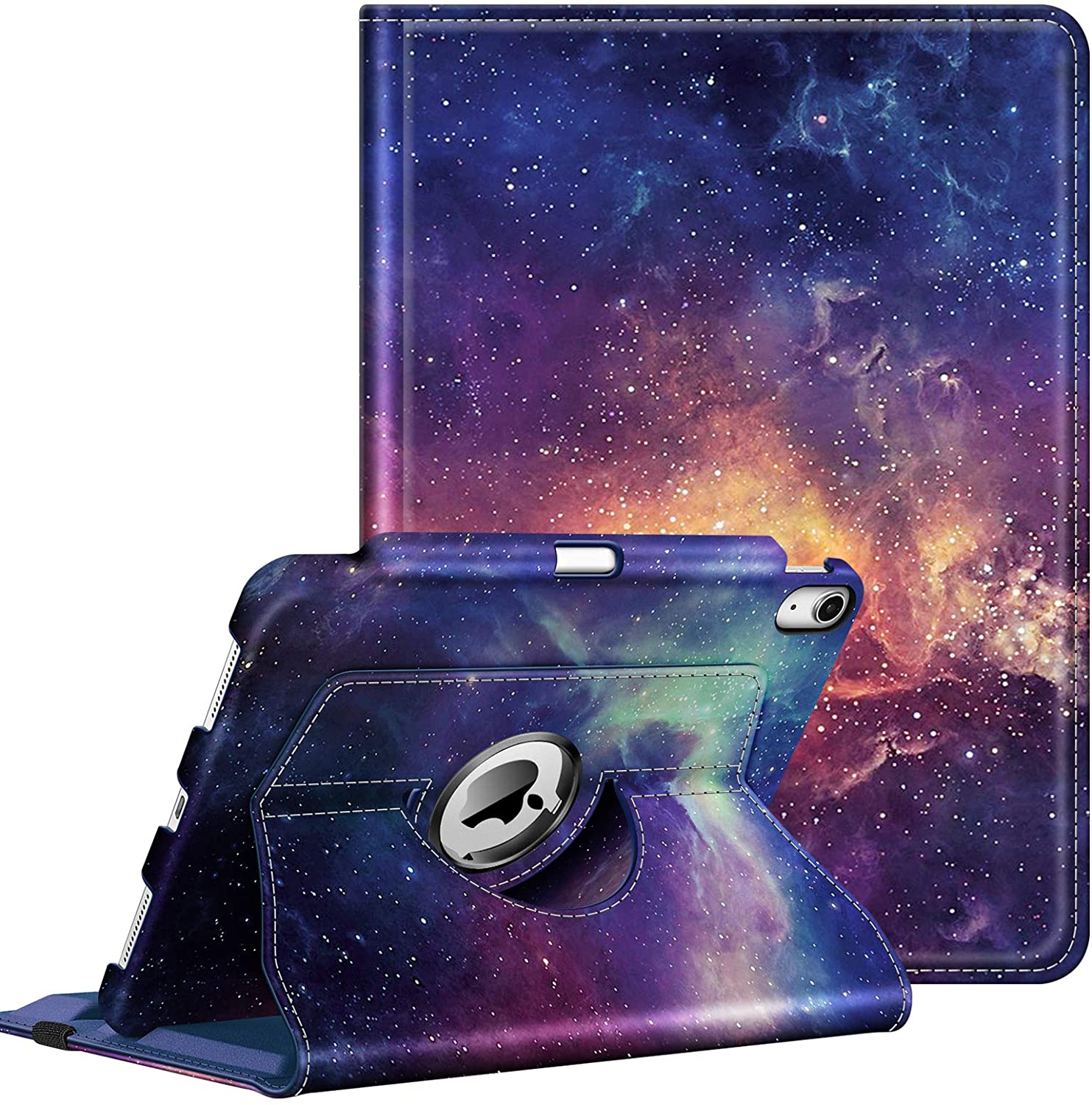 iPad-Hülle mit Galaxy-Print und Ständer. Sie ist geöffnet, zeigt das iPad und befindet sich auf weißem Hintergrund.