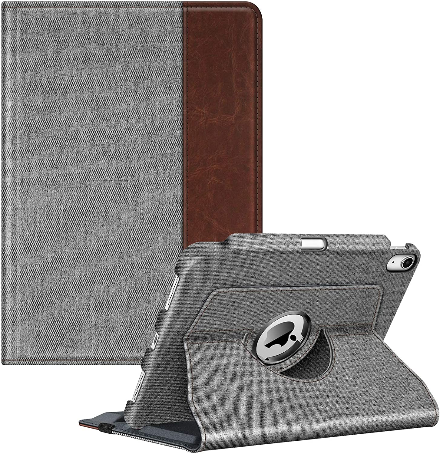 Eine grau-braune Tablethülle, die das Tablet sowohl in geöffnetem als auch in geschlossenem Zustand zeigt.