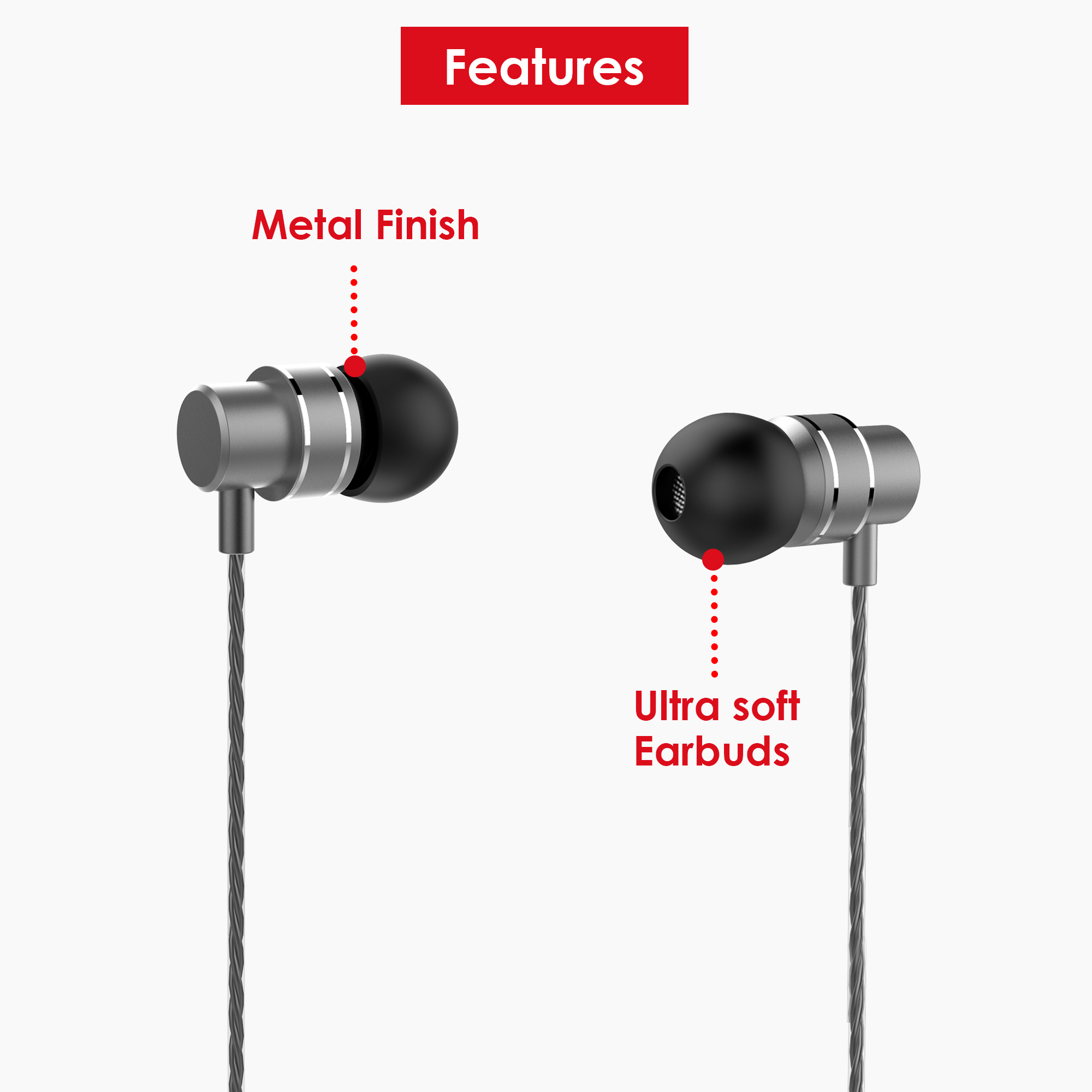 Auricolari, finitura metallica e punte auricolari ultra morbide. Il cavo è nero.