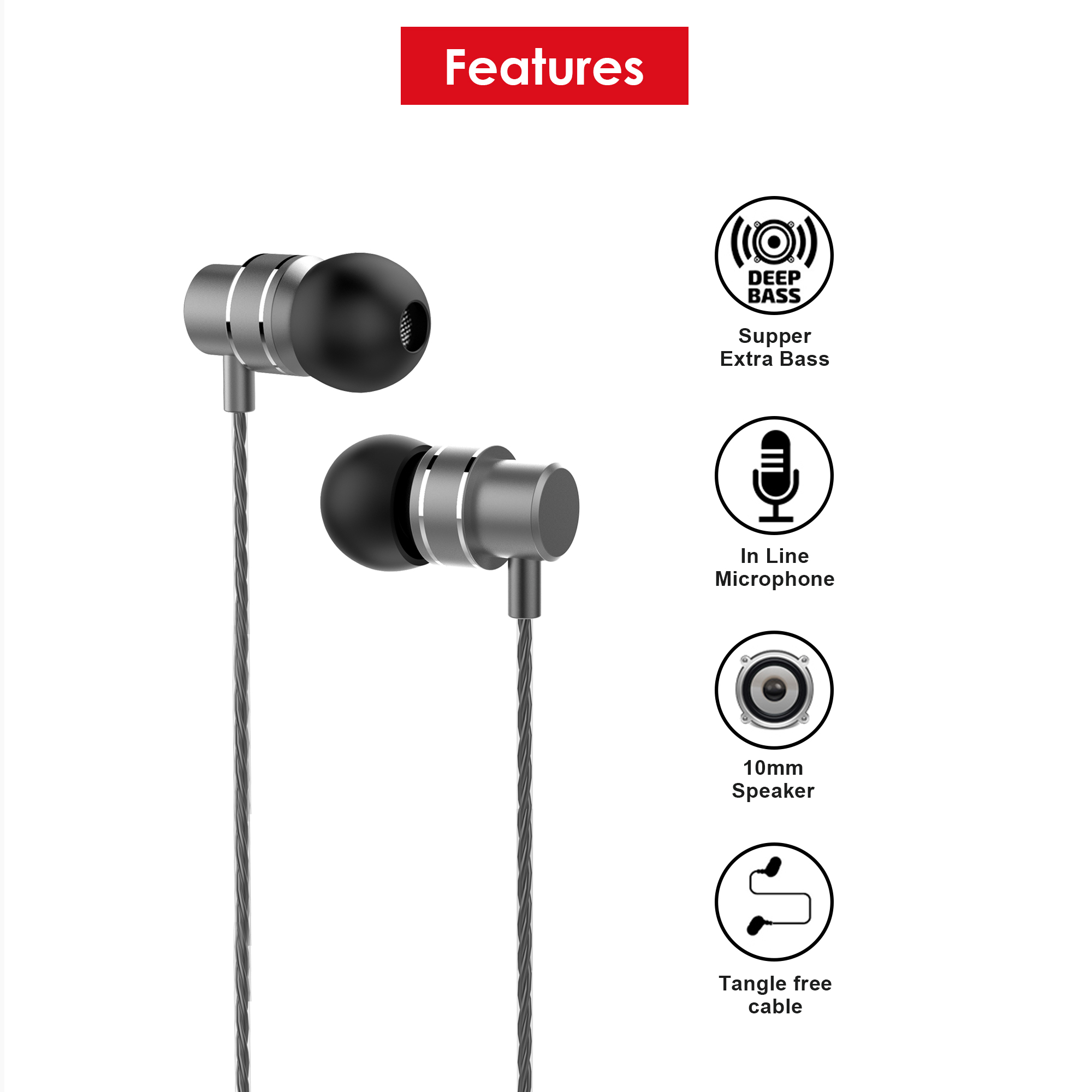 Auricolari con microfono e cavo senza grovigli, con icone che descrivono le funzionalità.