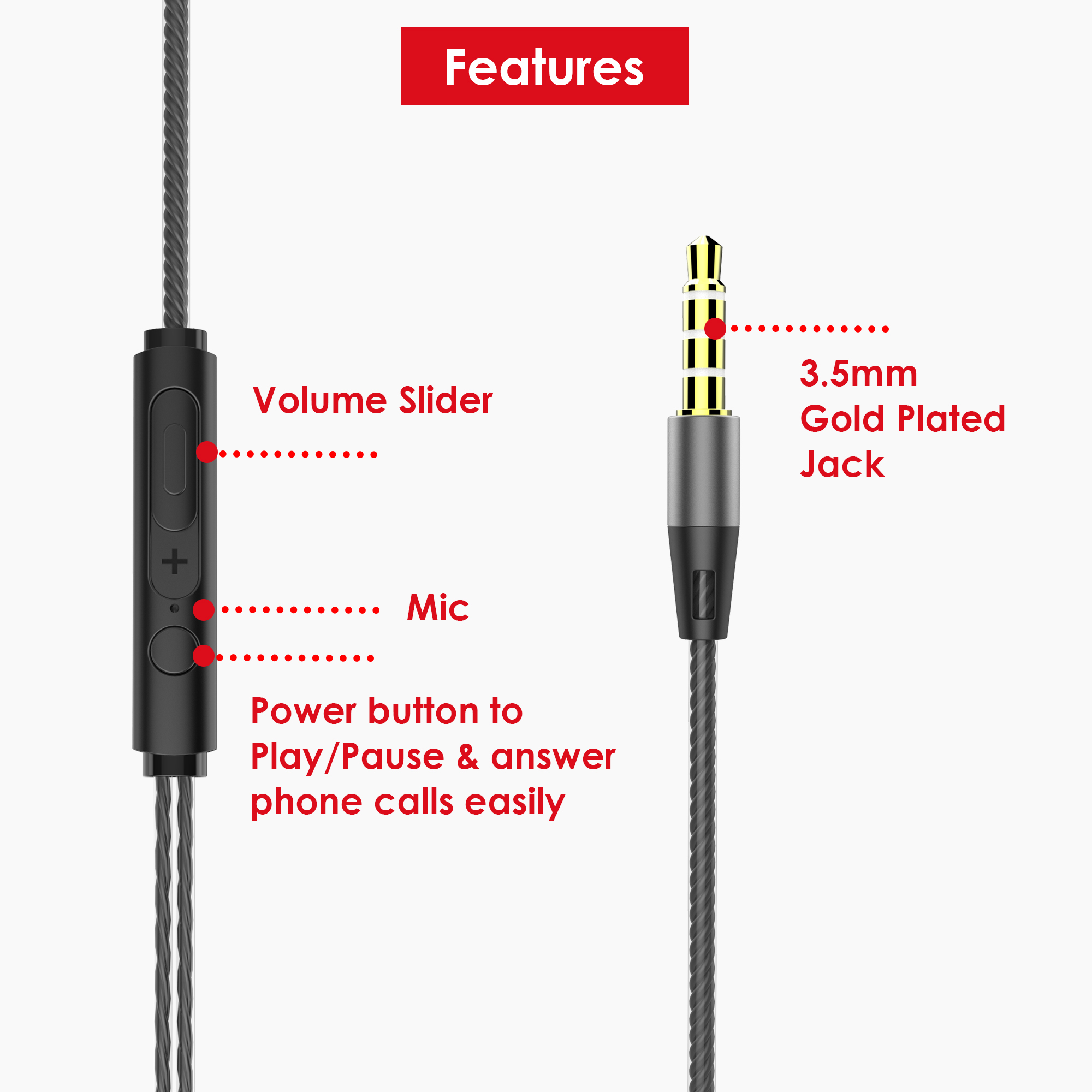 Controllo auricolari con volume, microfono e pulsante play/pausa e jack placcato oro.
