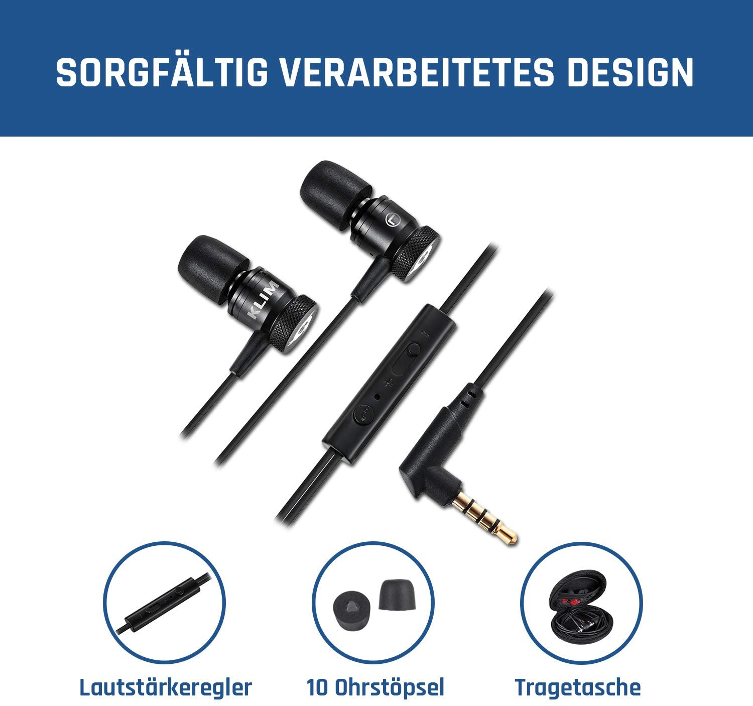 Kopfhörer mit Steuertasten, Ohrhörern und einer Tragetasche. Das Design ist sehr sauber.