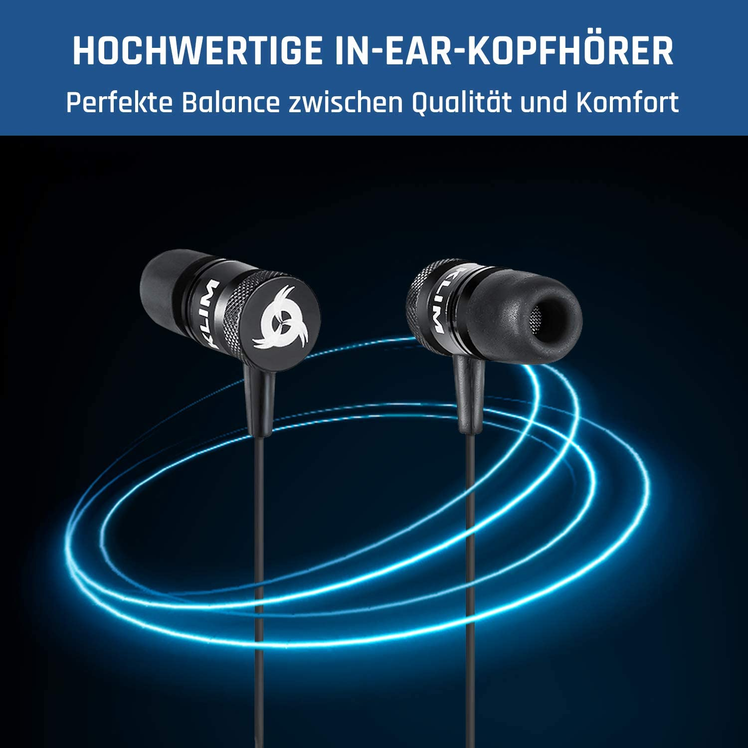 Schwarze Ohrhörer mit schwarzen Kabeln. Blaue, leuchtende Linien im Hintergrund. Text: Hochwertige In-Ear-Kopfhörer.