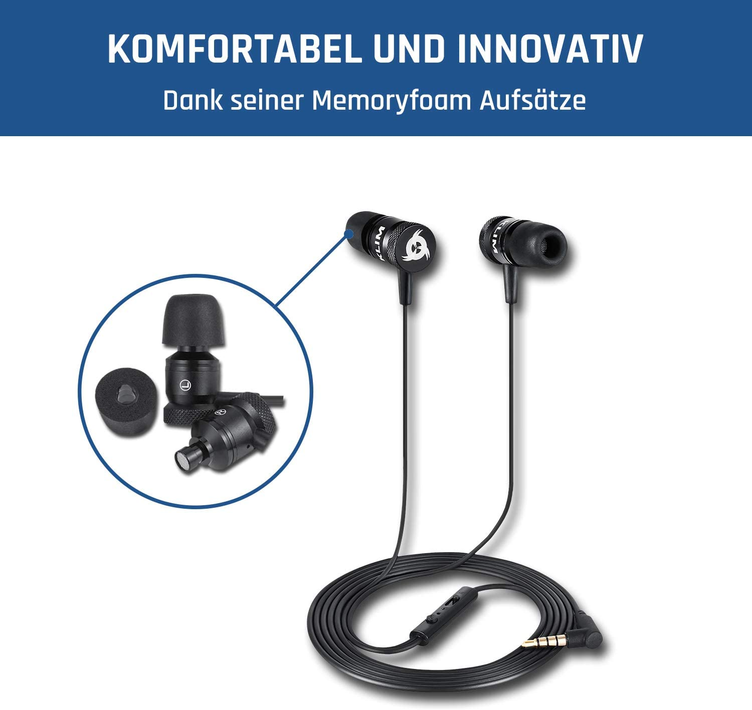 Schwarze Ohrhörer mit Memory-Schaum-Aufsätzen, verbunden mit einem Kabel mit Steuertaste und Klinkenstecker.
